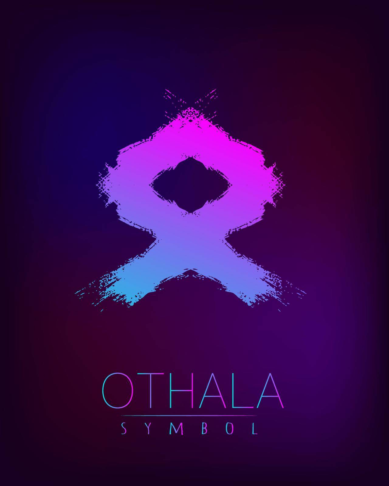 Rune Scandinavia is a Othala riches vector illustration. Symbol of Futhark letters. Brush stripes with trend gradient blue pink color on blur dark background. Magic and mystery sign. Spiritual.