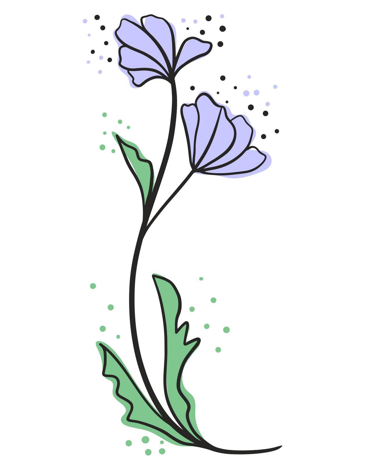 Graceful flower hand drawing vector illustration. Twig with flower buds and leaves, isolated object. Black lines and colored spots, an element for decoration.