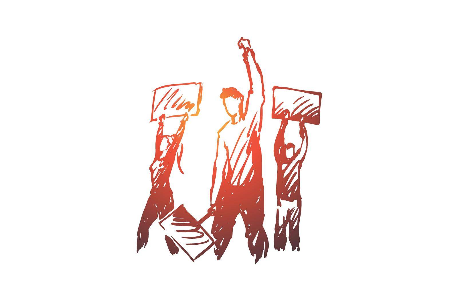Demonstration, riots, rallies vector concept. People with signs in hands taking part in rally. Hand drawn sketch isolated illustration
