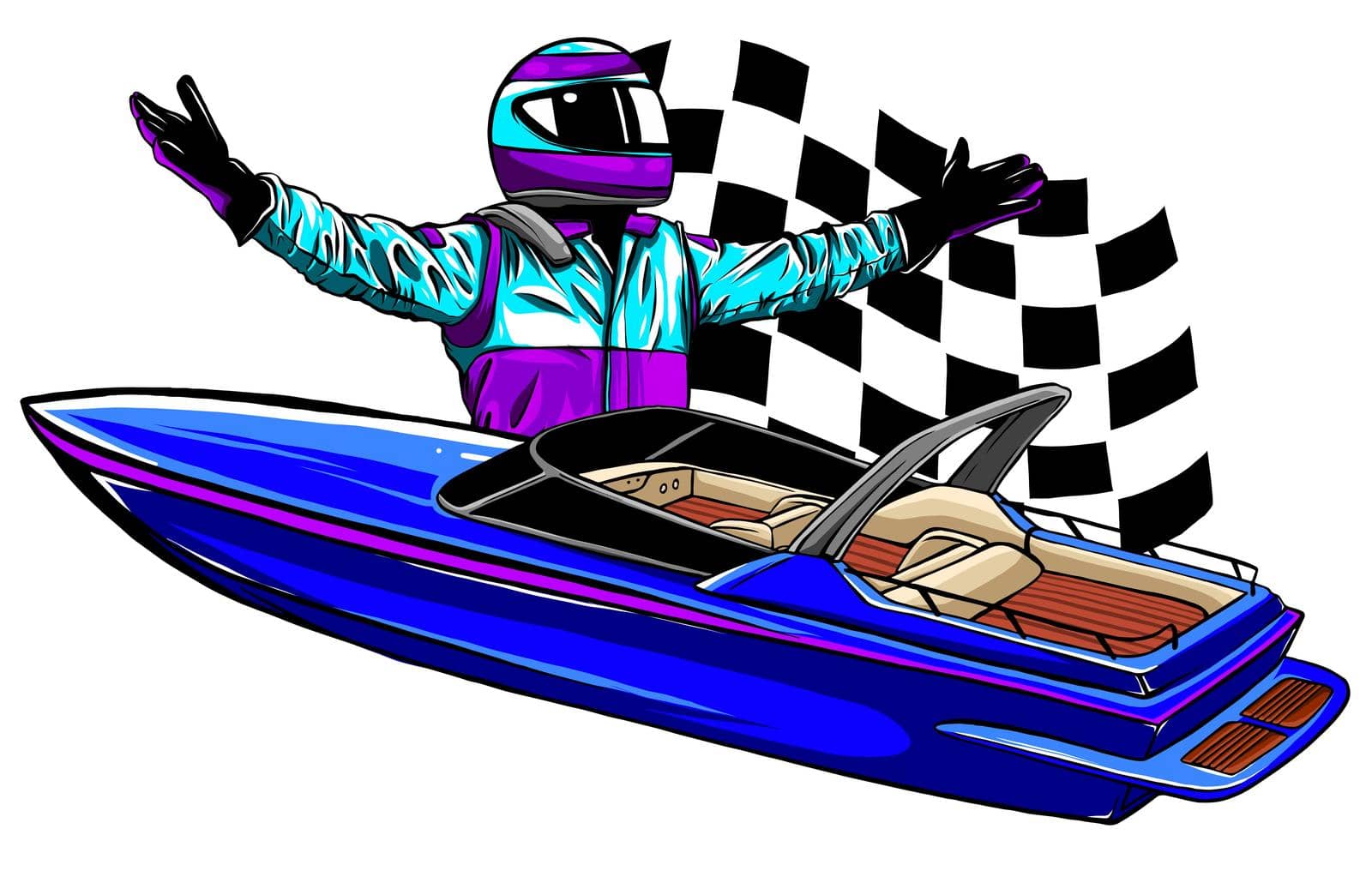 Racing boat. Top view. Vector illustration. Applique with realistic shadows.