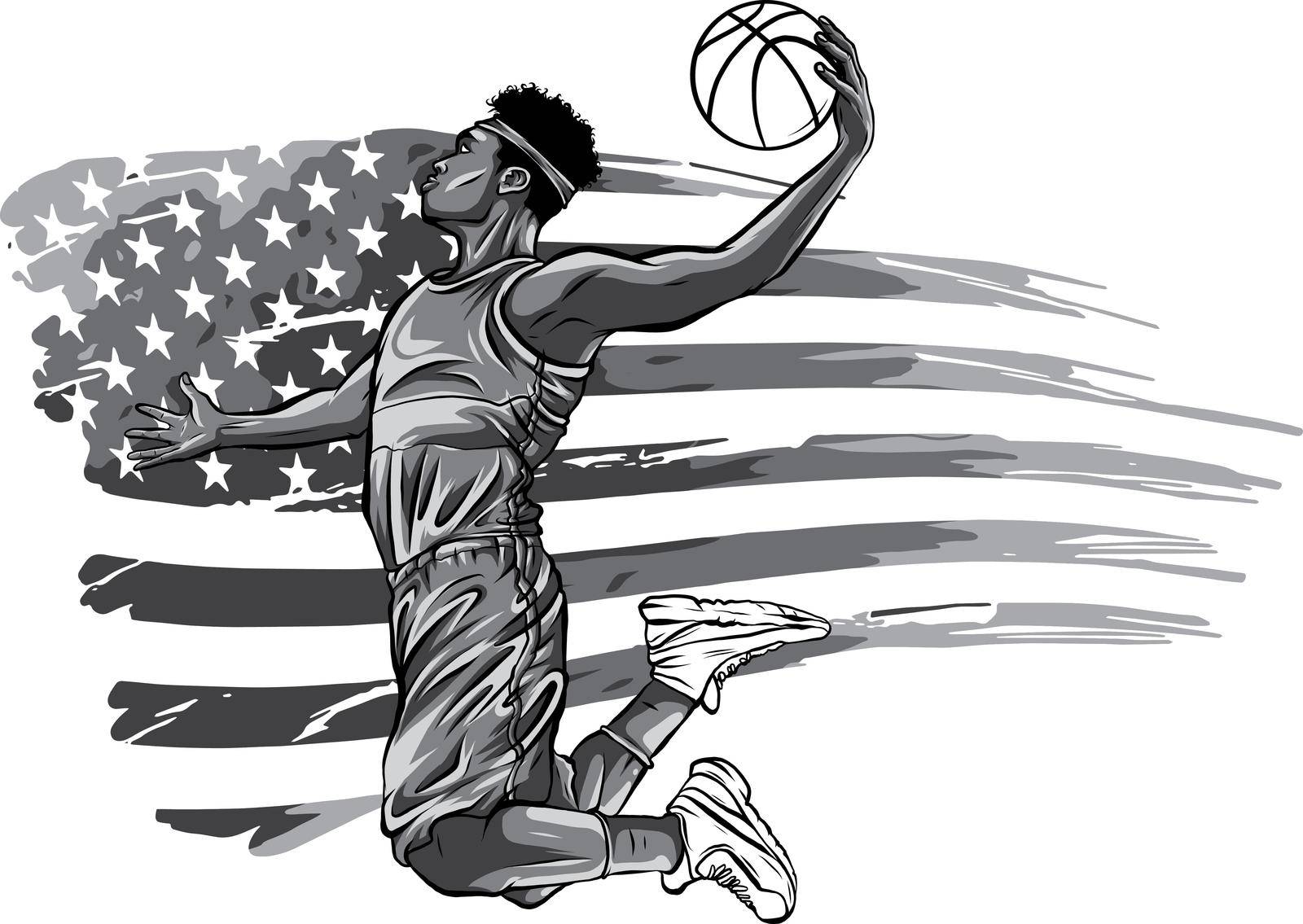 Creative illustration of a Basketball Player on American Flag colors background, Can be used as Poster, Banner or Flyer design for Sports concept.