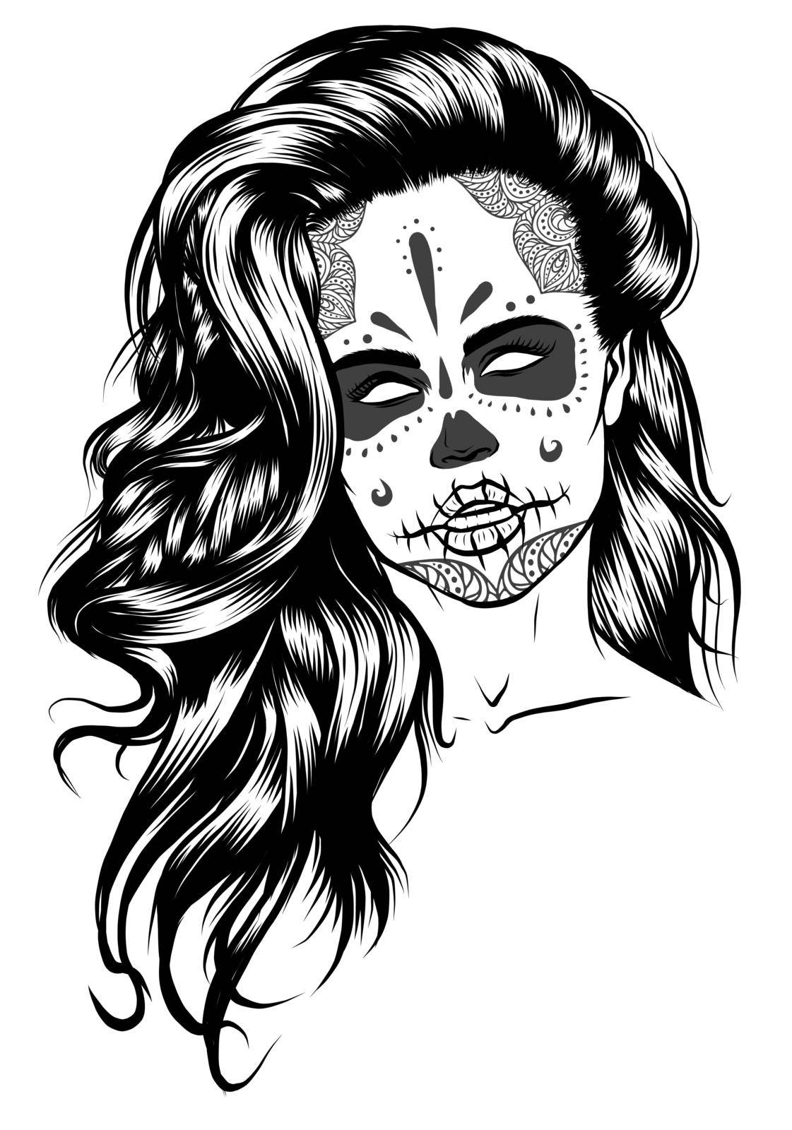 Illustration of black and white skull girl with rose in hairs on white background by dean