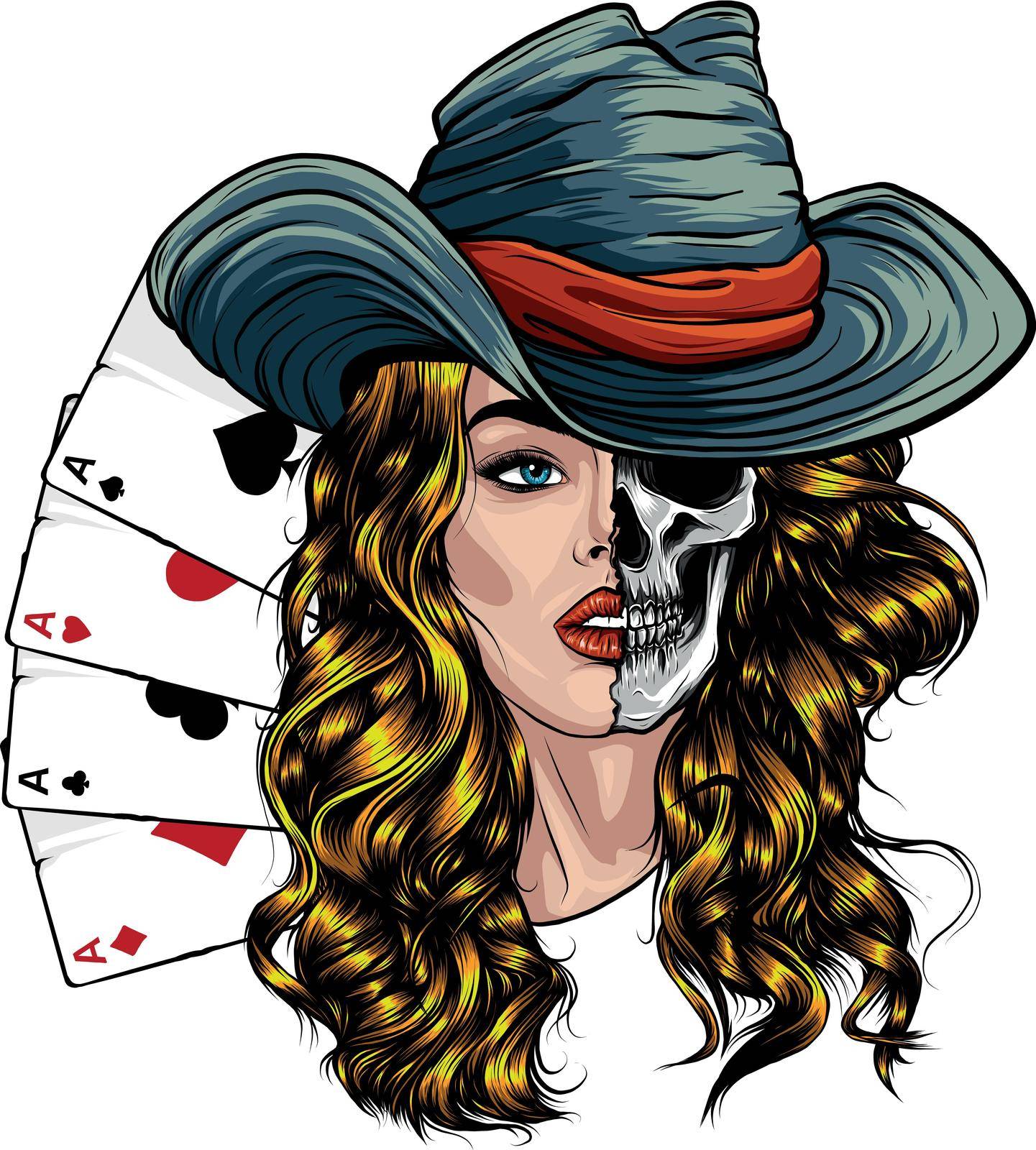 Attractive skull Cowgirl With with poker ace by dean