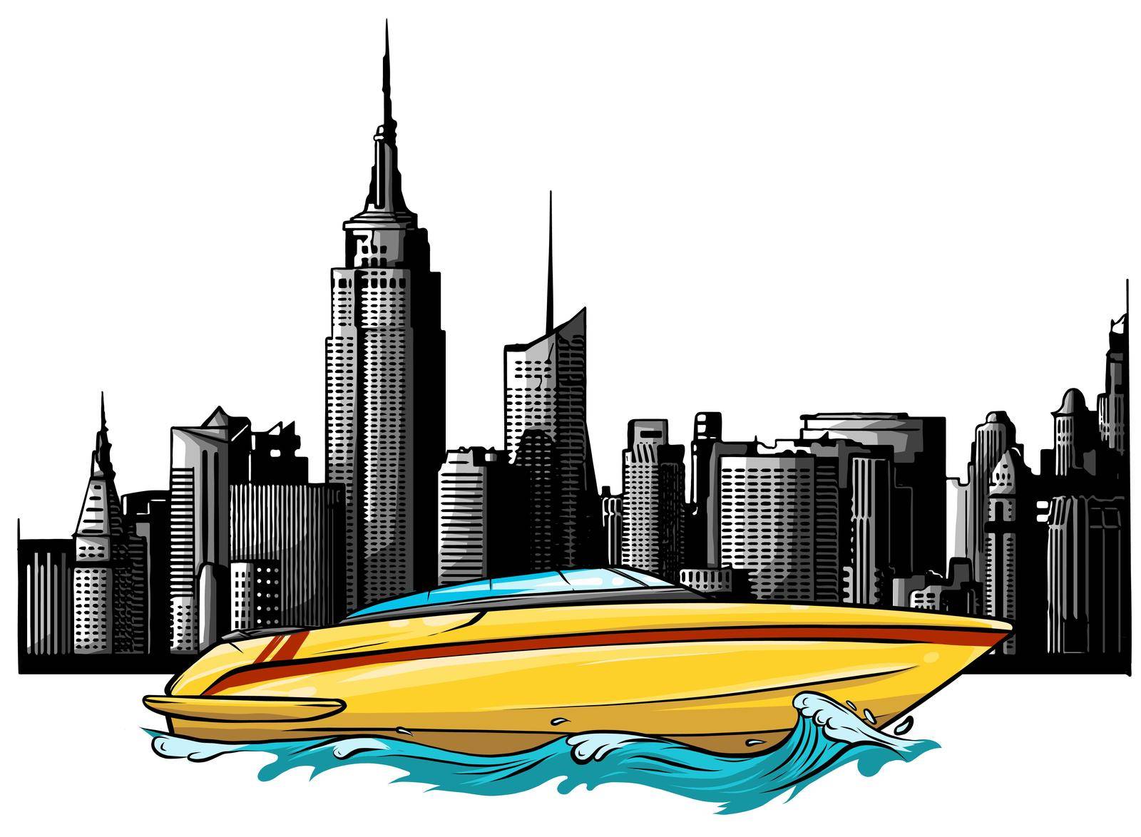 Illustration of a luxury private boat on skyscrapers background