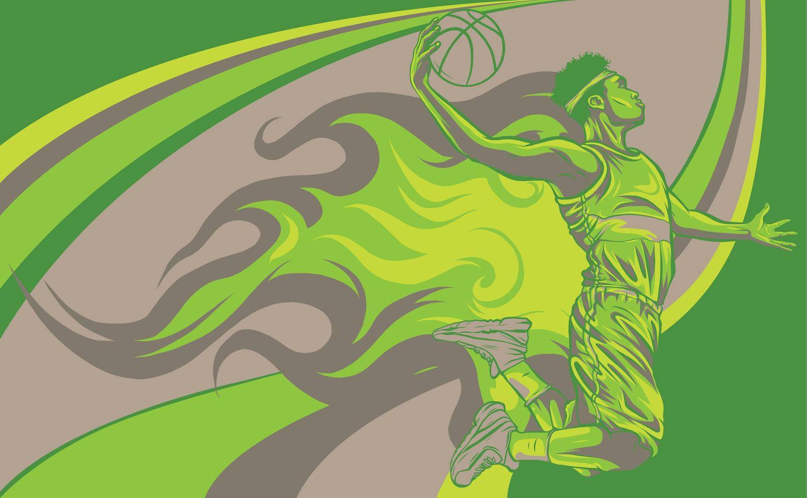 cartoon basketball player is moving dribble with flames by dean