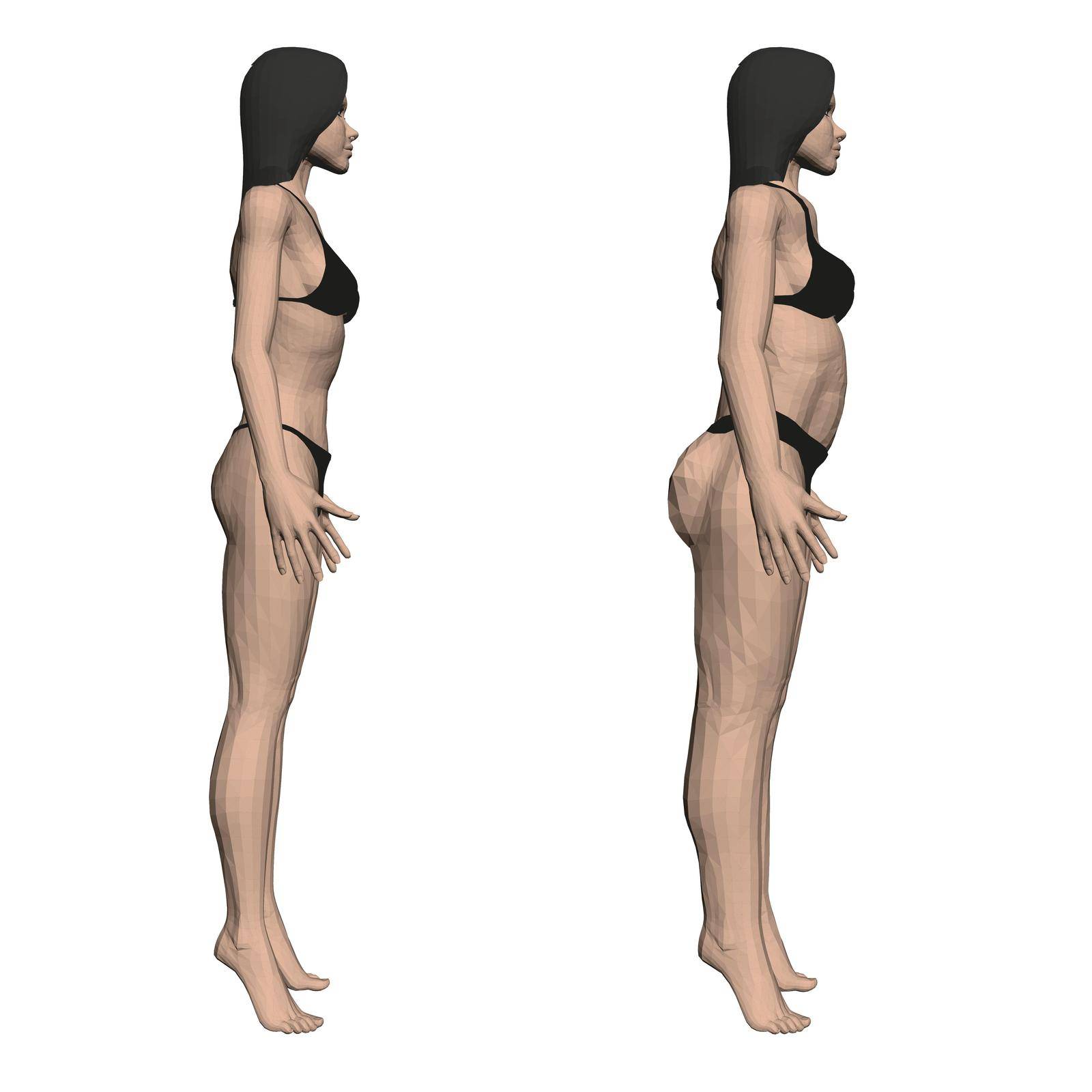 Two model girls in underwear, a slim and fat girl. The process of obesity of the girl body. Side view. 3D. Vector illustration.