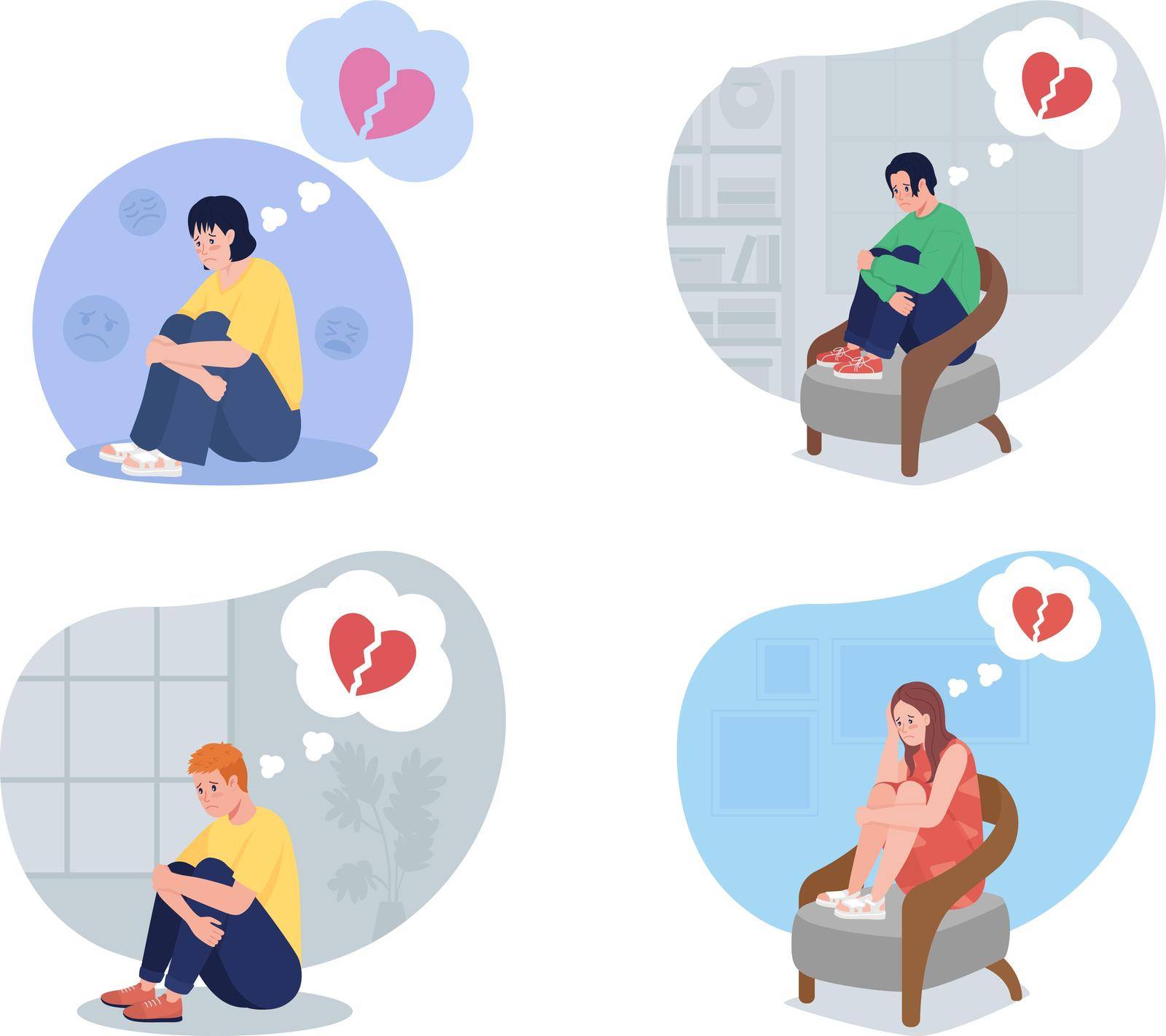 Lonely teen upset over breakup 2D vector isolated illustration set by ntl