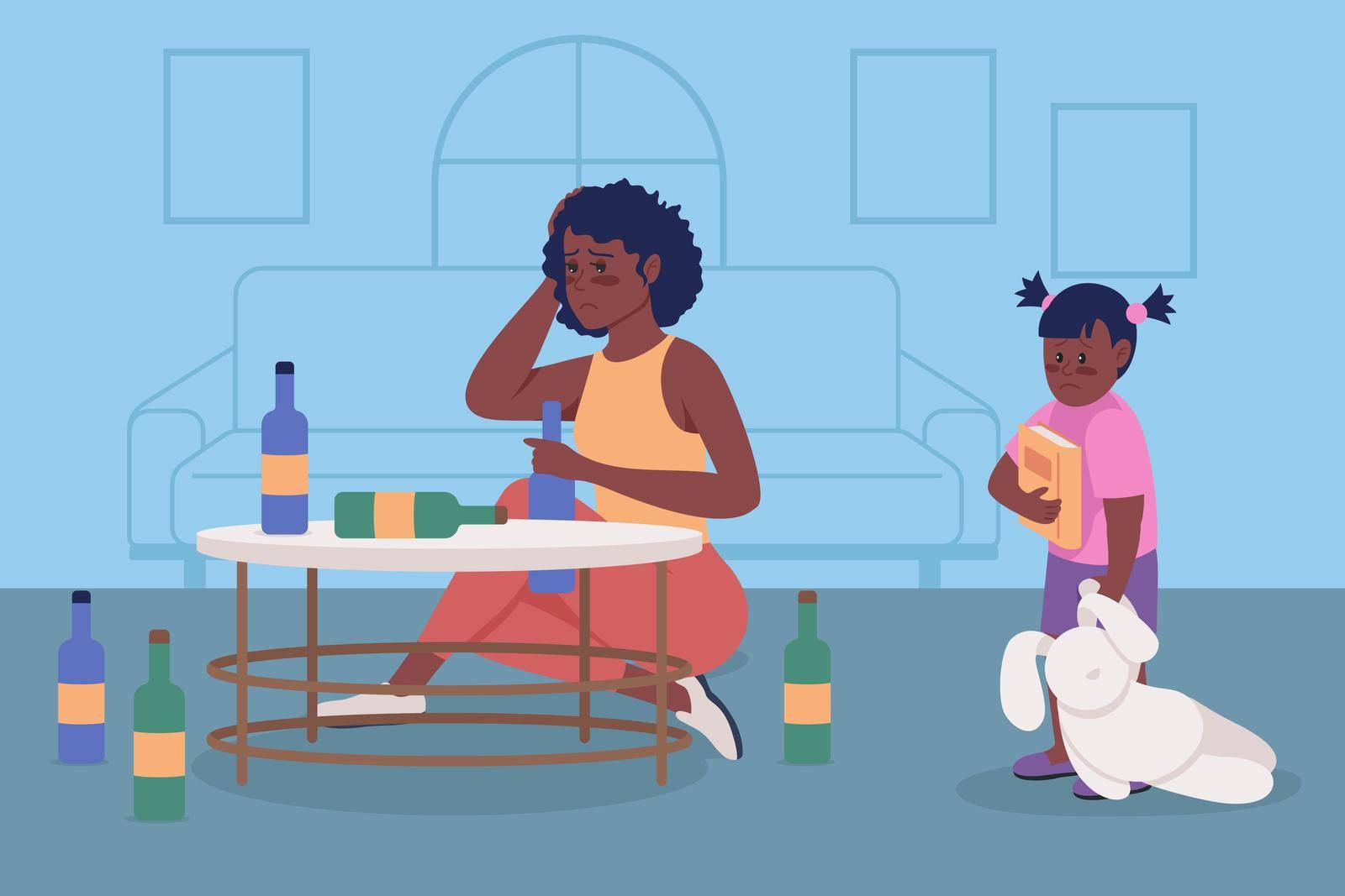 Alcoholism issue in family flat color vector illustration by ntl