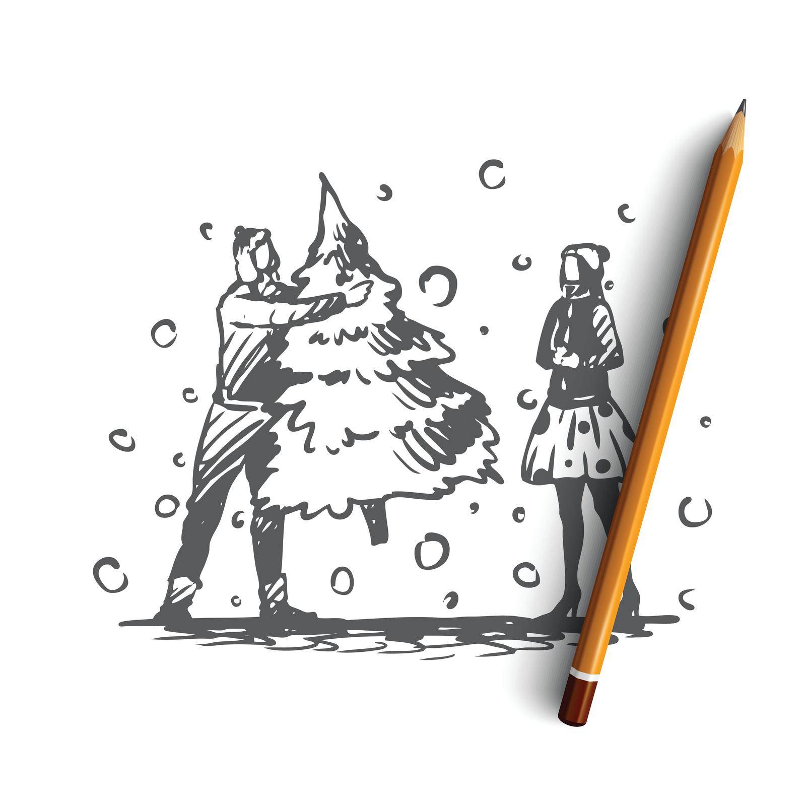 Man, woman, Christmas, tree, holiday concept. Hand drawn family couple and Christmas tree concept sketch. Isolated vector illustration.