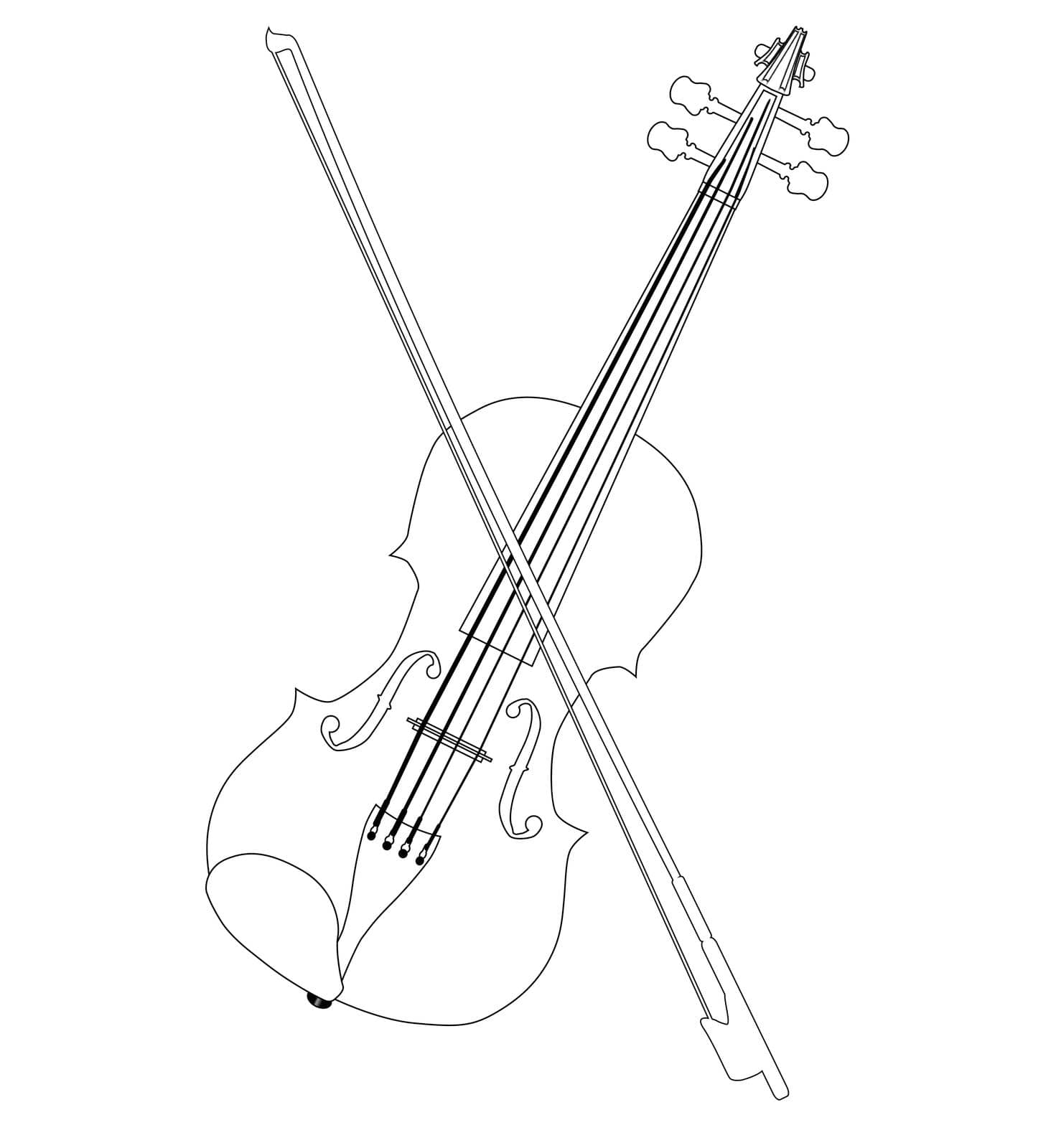 A typical violin and bow in black line drawing isolated over a white background