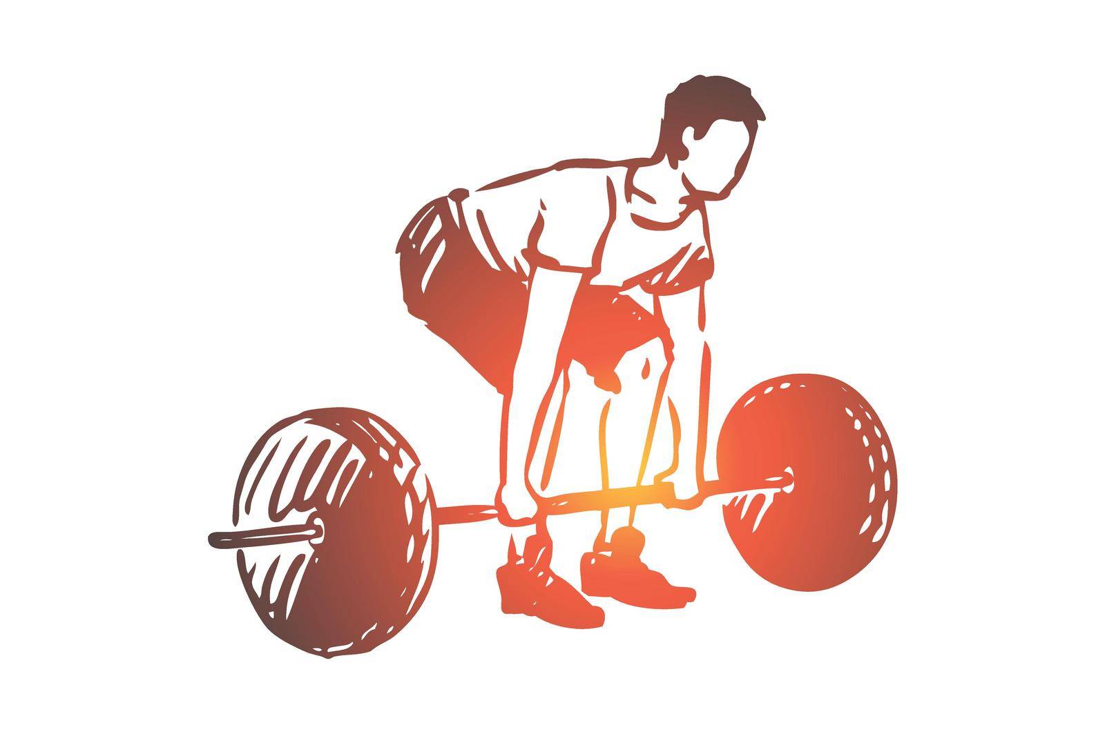 Gym, barbell, fitness, man, workout concept. Hand drawn sportive man workout in gym concept sketch. Isolated vector illustration.