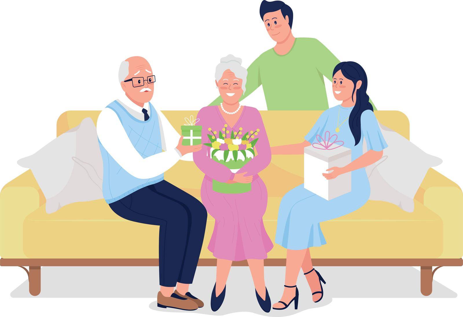 Family generations celebrate holiday together flat color vector detailed characters. Mature parents with adult children. Mothers day isolated cartoon illustration for web graphic design and animation