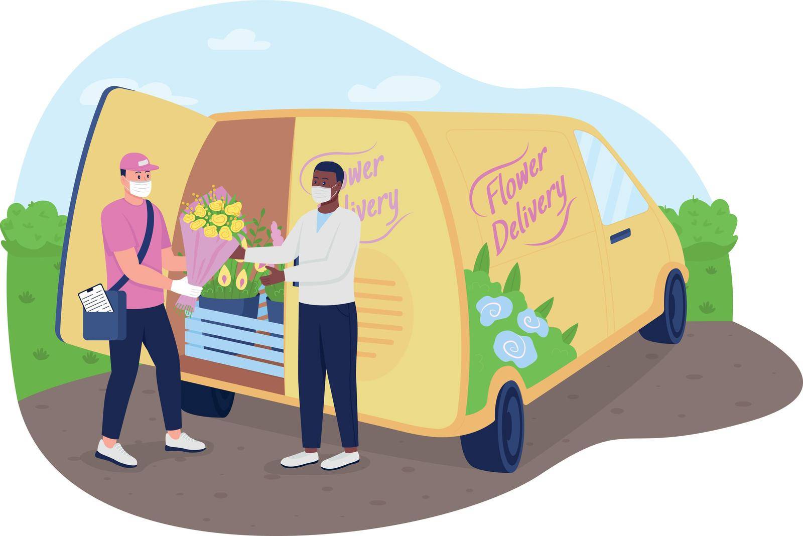 Flowers delivery truck during pandemic 2D vector web banner, poster. Men with bouquet in masks flat characters on cartoon background. Health safety printable patch, colorful web element