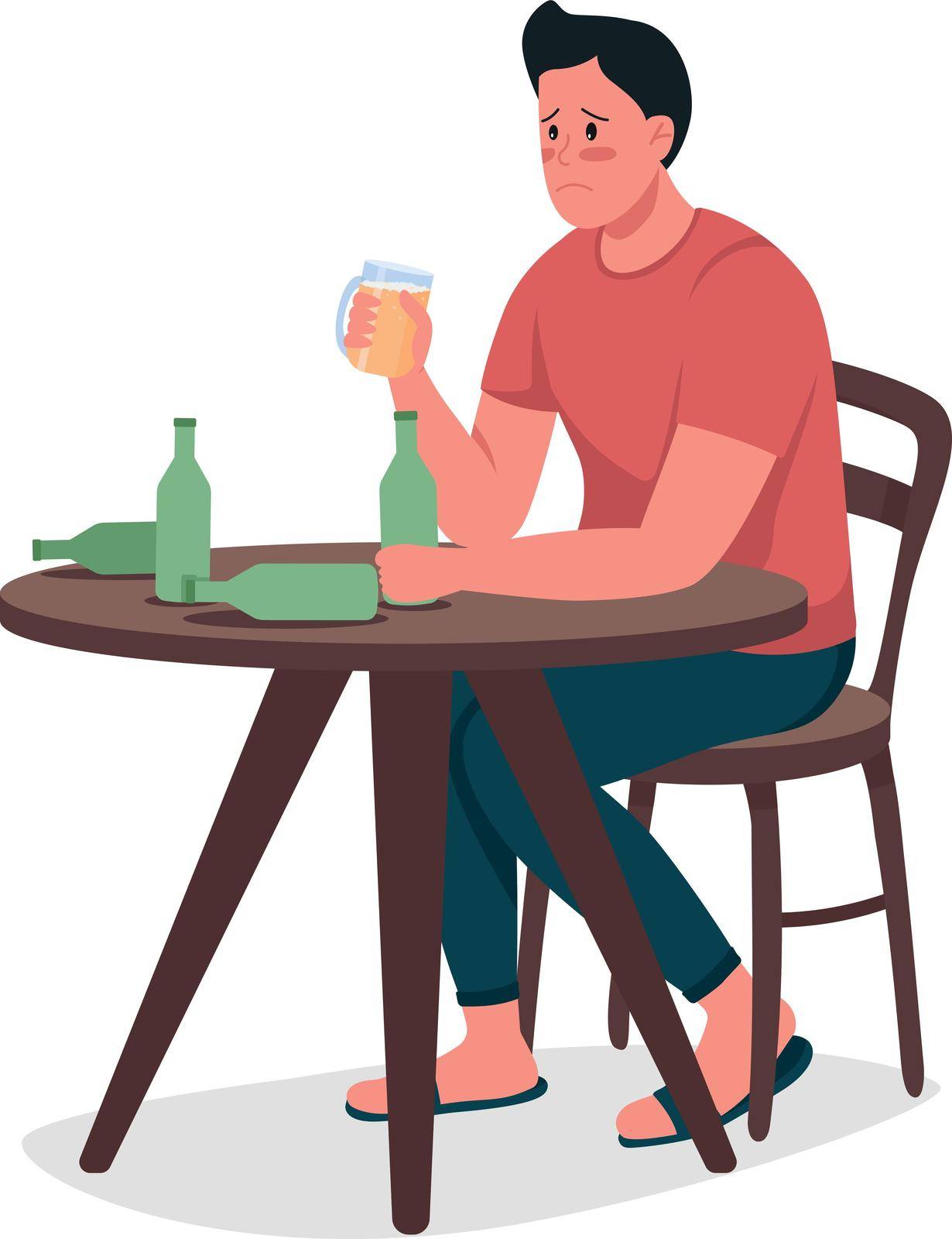 Alcoholic man flat color vector detailed character. Bad toxic habit. Sad guy. Dependence on alcohol. Substance abuse isolated cartoon illustration for web graphic design and animation