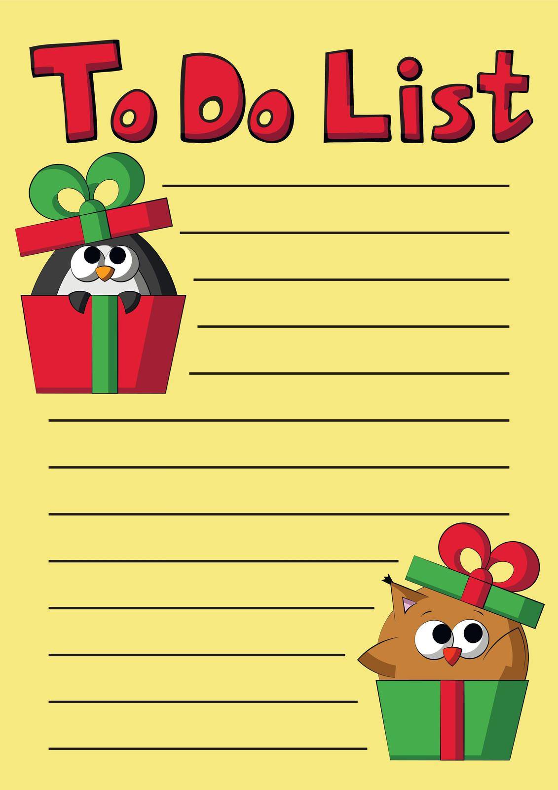 Cheek To do list with cute cartoon penguin and owl in gift box by AnastasiaPen