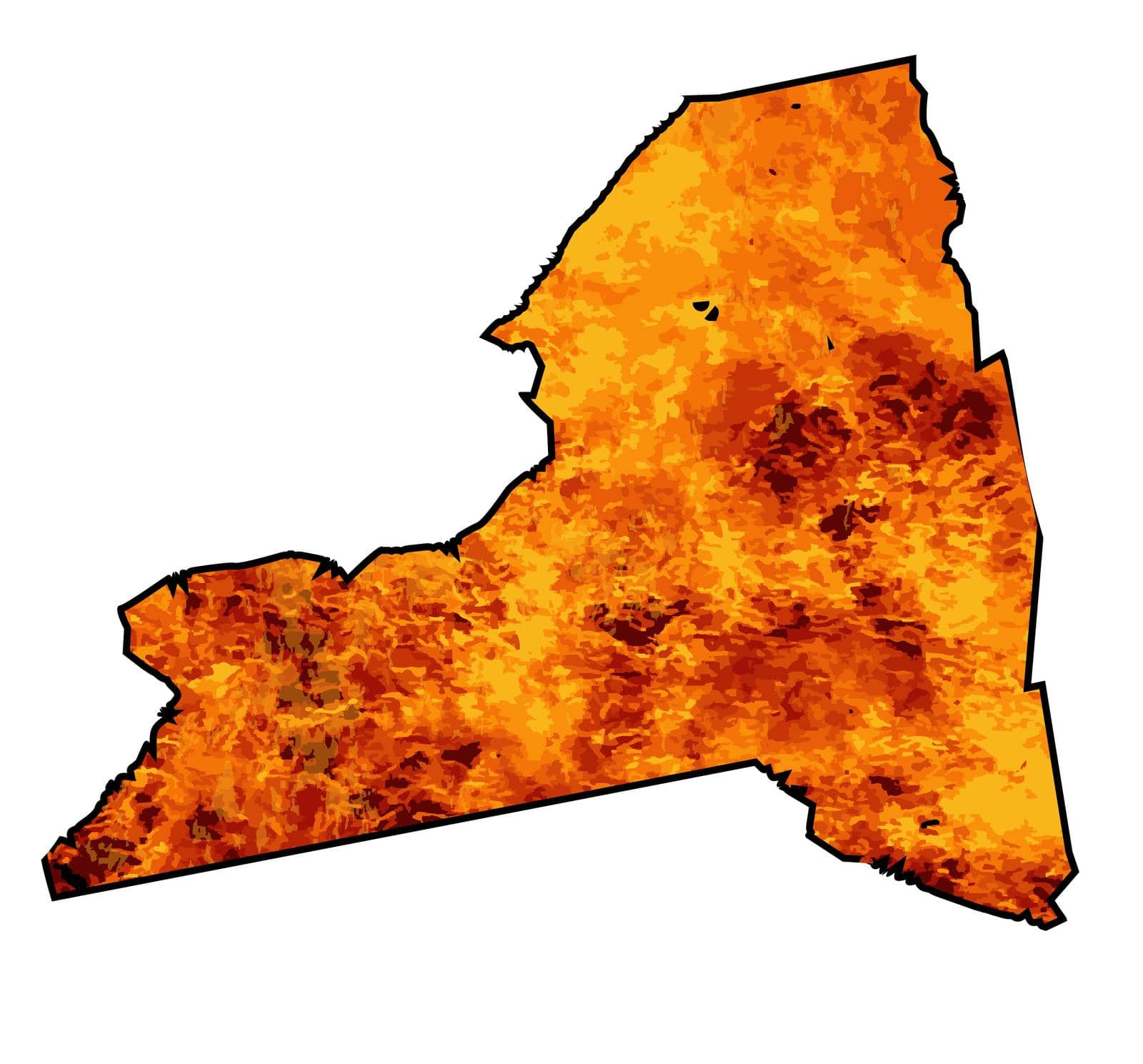 Silhouette map of New York State over a white background with flames inset into the silhouette