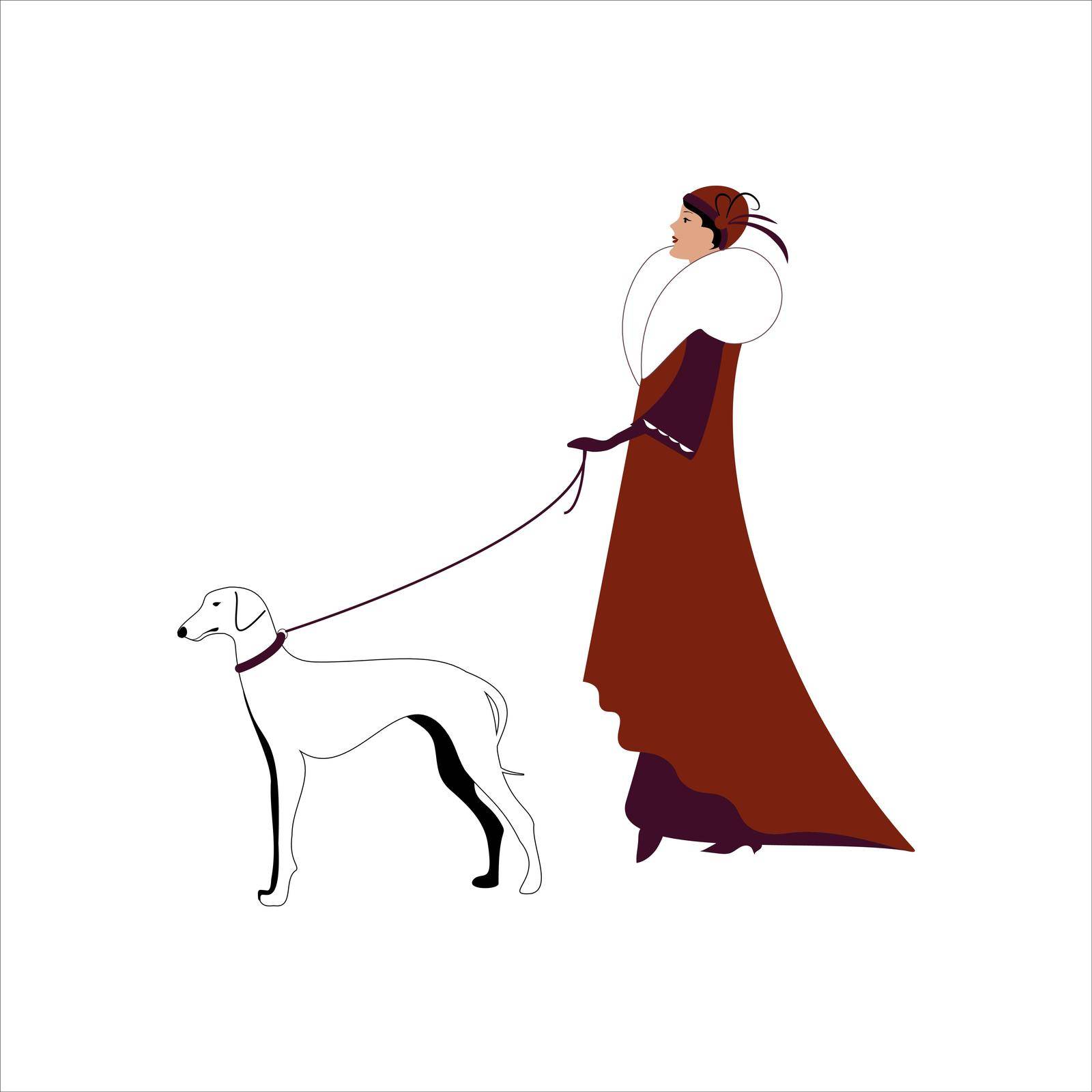 Vintage woman walking with the dog, vector illustration. Isolated on white.