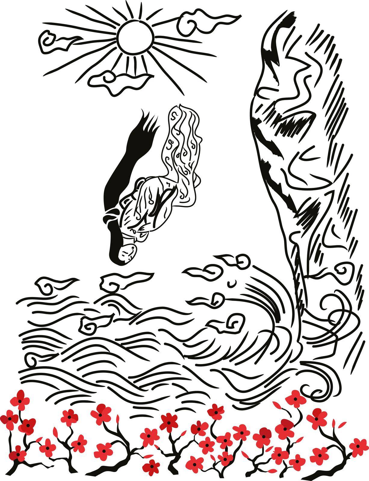 The Suicide Of A Japanese Lady While She Is Falling From A Rocky Shore Into Waves  - Vector Imitation Of Ink Drawing