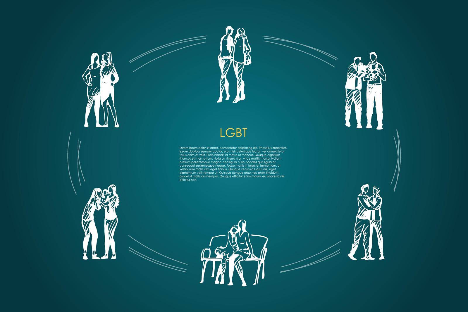LGBT - lesbian and gay families with children vector concept set. Hand drawn sketch isolated illustration