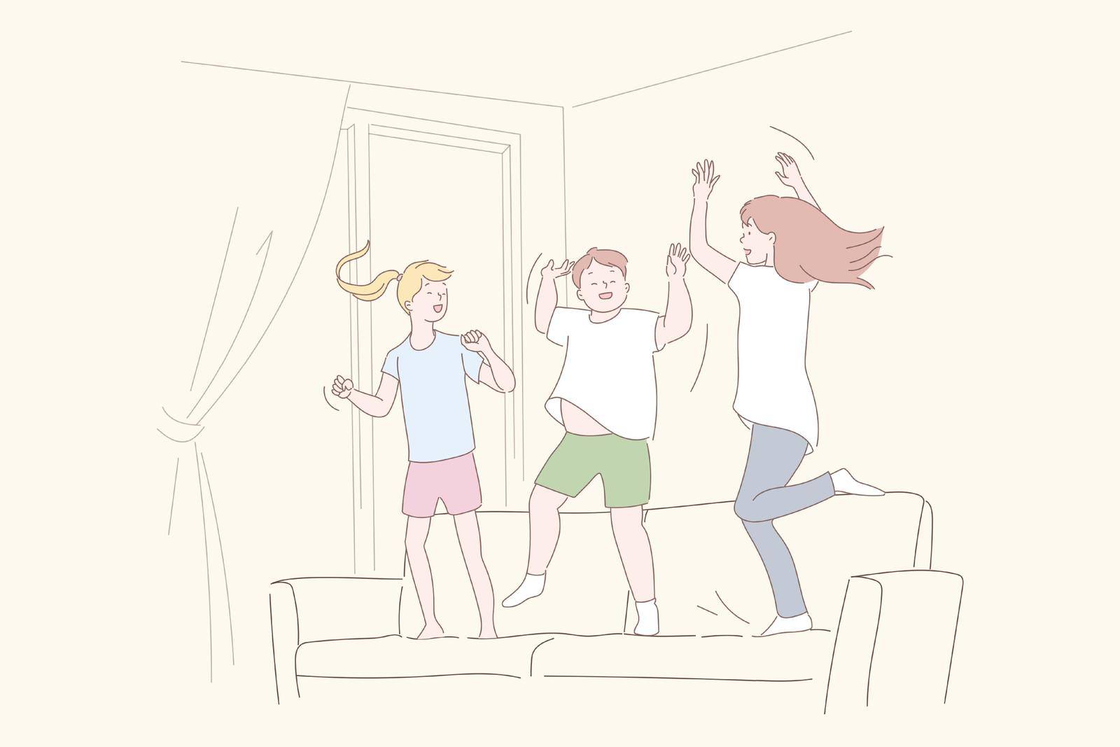 Home leisure, recreation, positive emotion, joyfulness concept. Entertainment, fun game, activity, sisters and brother, capering kids, children jumping on couch. Simple flat vector