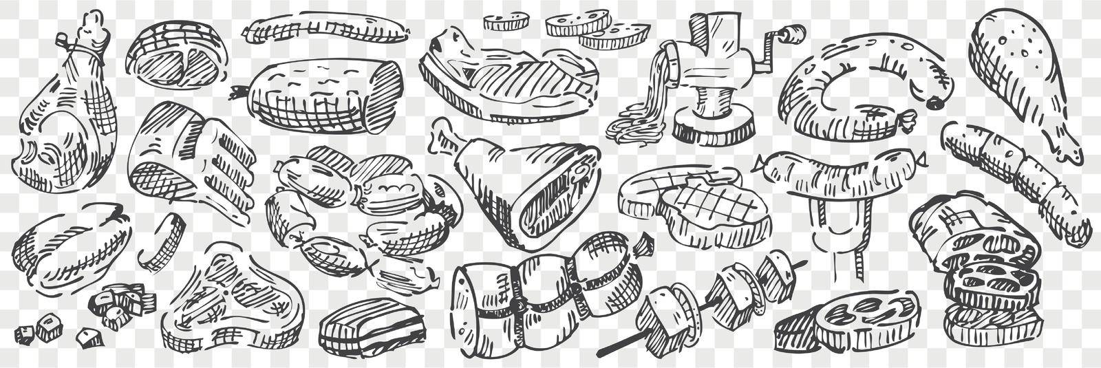Hand drawn meat doodle set. Collection of beaf veal mutton lamb chicken sausages frankfurter tenderloin sirloin fillet loin on transparent background. Cattle cutting parts food illustration.