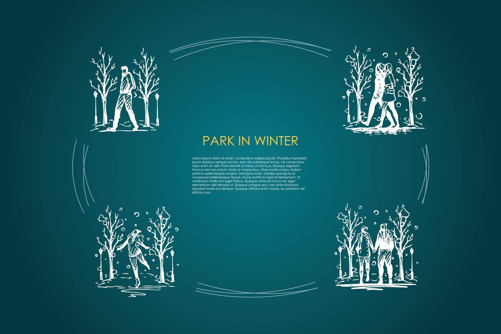 Park in winter - people walking in park in winter vector concept set. Hand drawn sketch isolated illustration