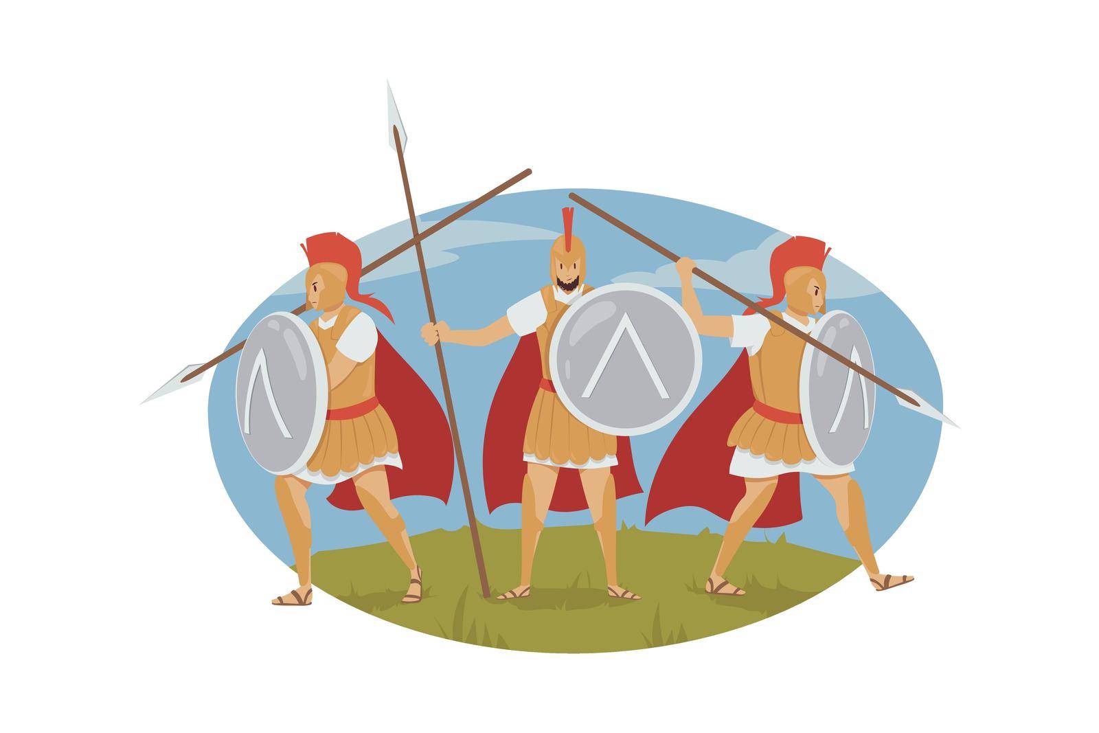 Mythology, Greece, war, Sparta, history concept. Ancient Greek historical event illustration. Group of famous three hundred Spartans warriors characters getting ready for famous Battle of Thermopylae.