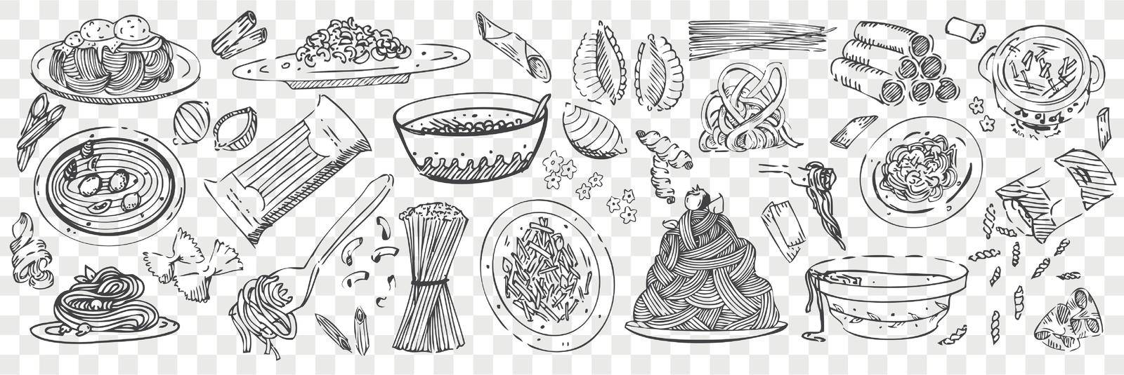 Hand drawn pasta doodles set. Collection of pen pencil or chalk drawing sketches tasty delicious dishes from noodles or italian macaroni. Cooking spaghetti penne illustration in transparent background