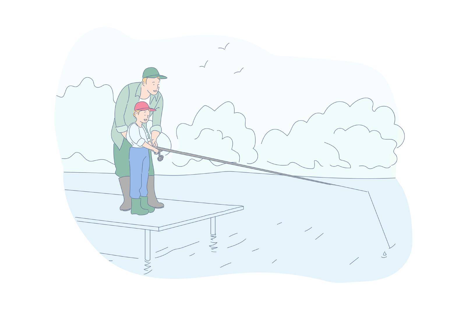 Fishing, family rest, recreation concept. Hobby, teaching child to fish, father and son taking fish together, man and little boy standing with rod on river pier. Simple flat vector