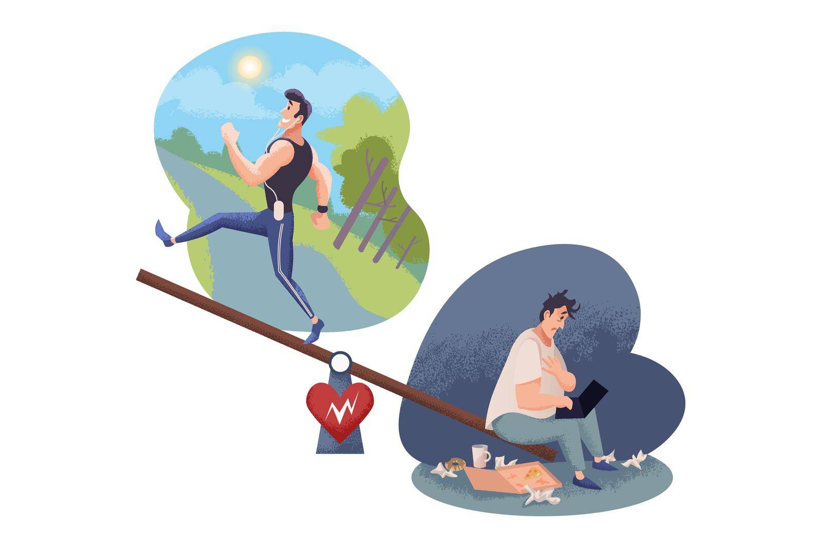 Healthcare, imbalance set concept. Conflict of interest. Healthy and unhealthy lifestyle comparison. Imbalance of sportsman and thick exhausted businessman freelancer working on laptop on swings.