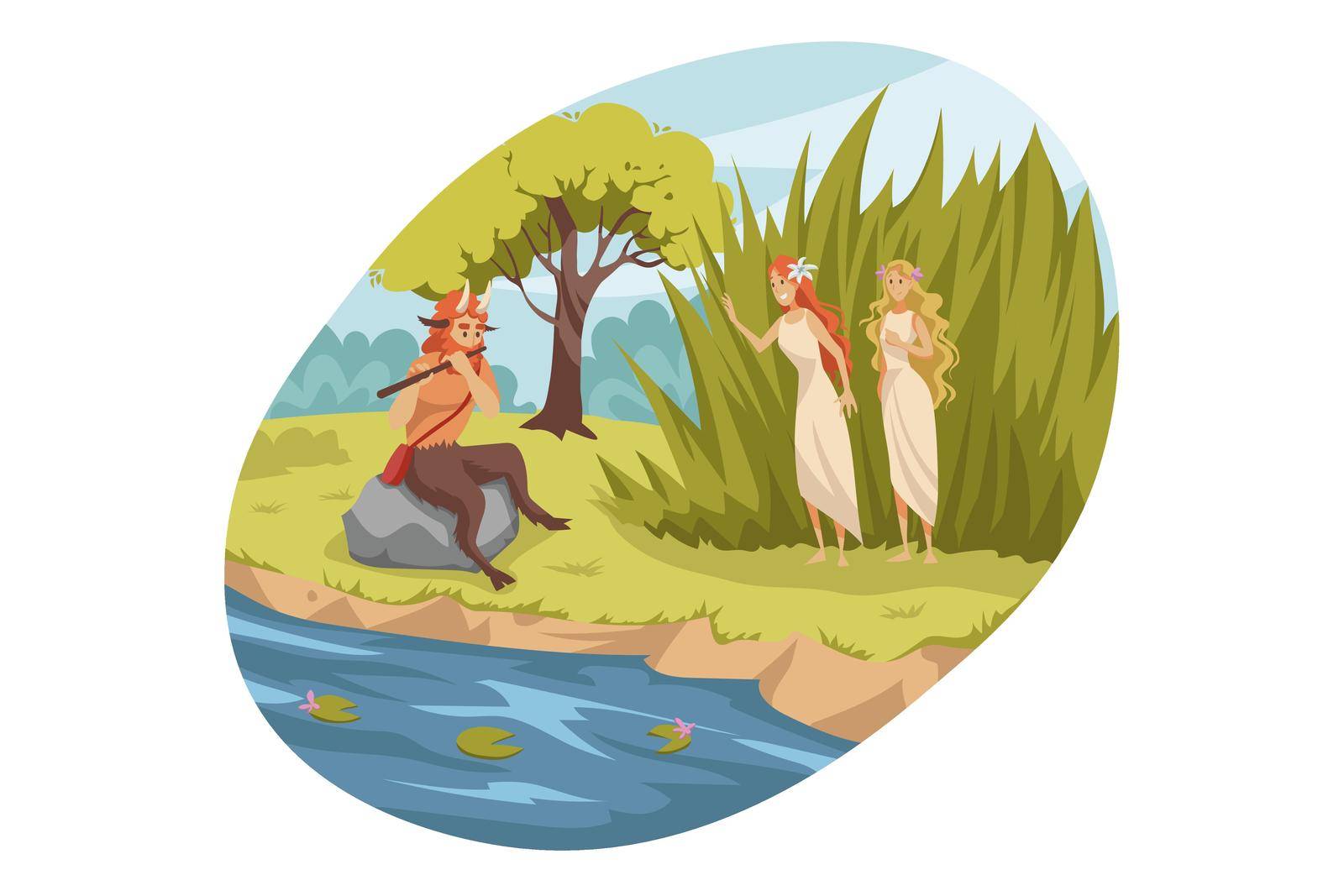 Mythology, Greece, Olympus, legend, religion concept. Ancient Greek religious myths illustration series. Satyr demon from suite of Dionysus playing flute for two young girls nymphes nature patroness.