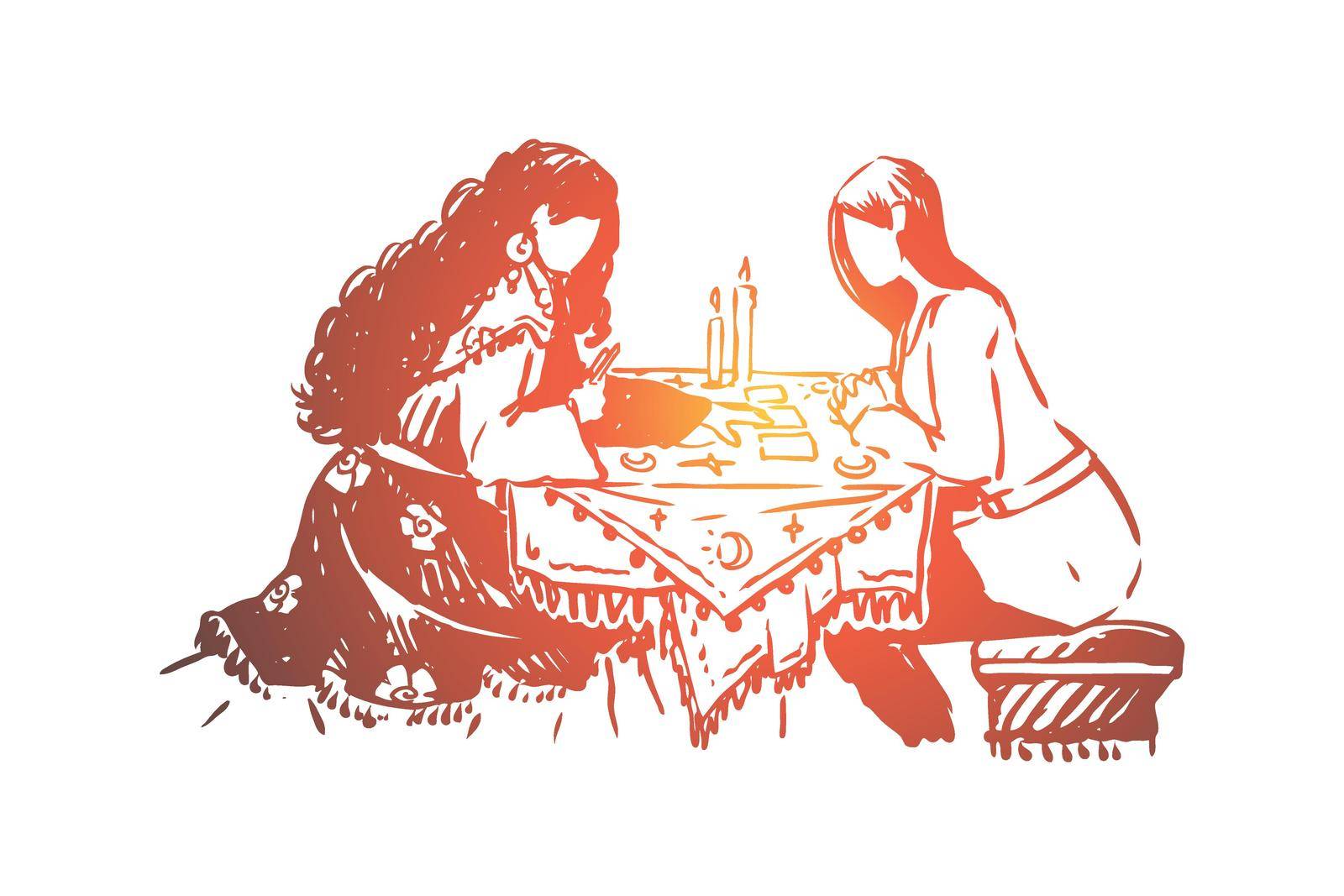 Gipsy woman, fortune teller and client, fate prediction, future forecast, visit to soothsayer. Fortune telling session, divination on tarot cards concept sketch. Hand drawn vector illustration