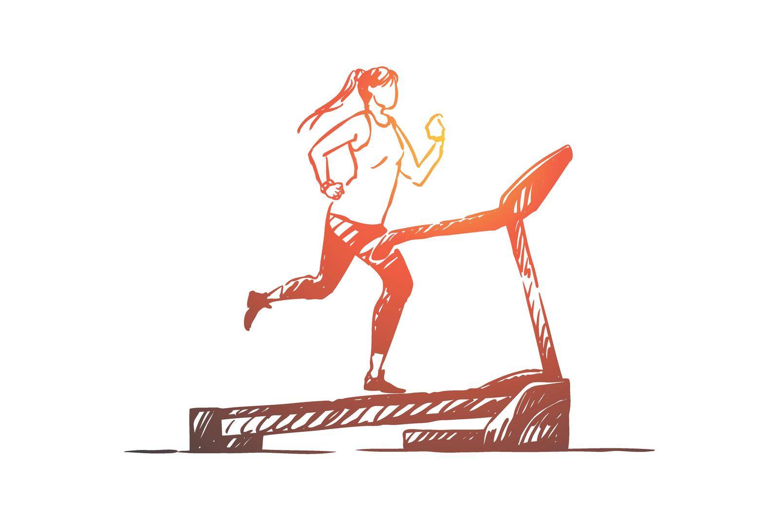 Sportswoman on running track, young woman using training apparatus for jogging, treadmill workout. Fitness exercise, sport club equipment concept sketch. Hand drawn vector illustration