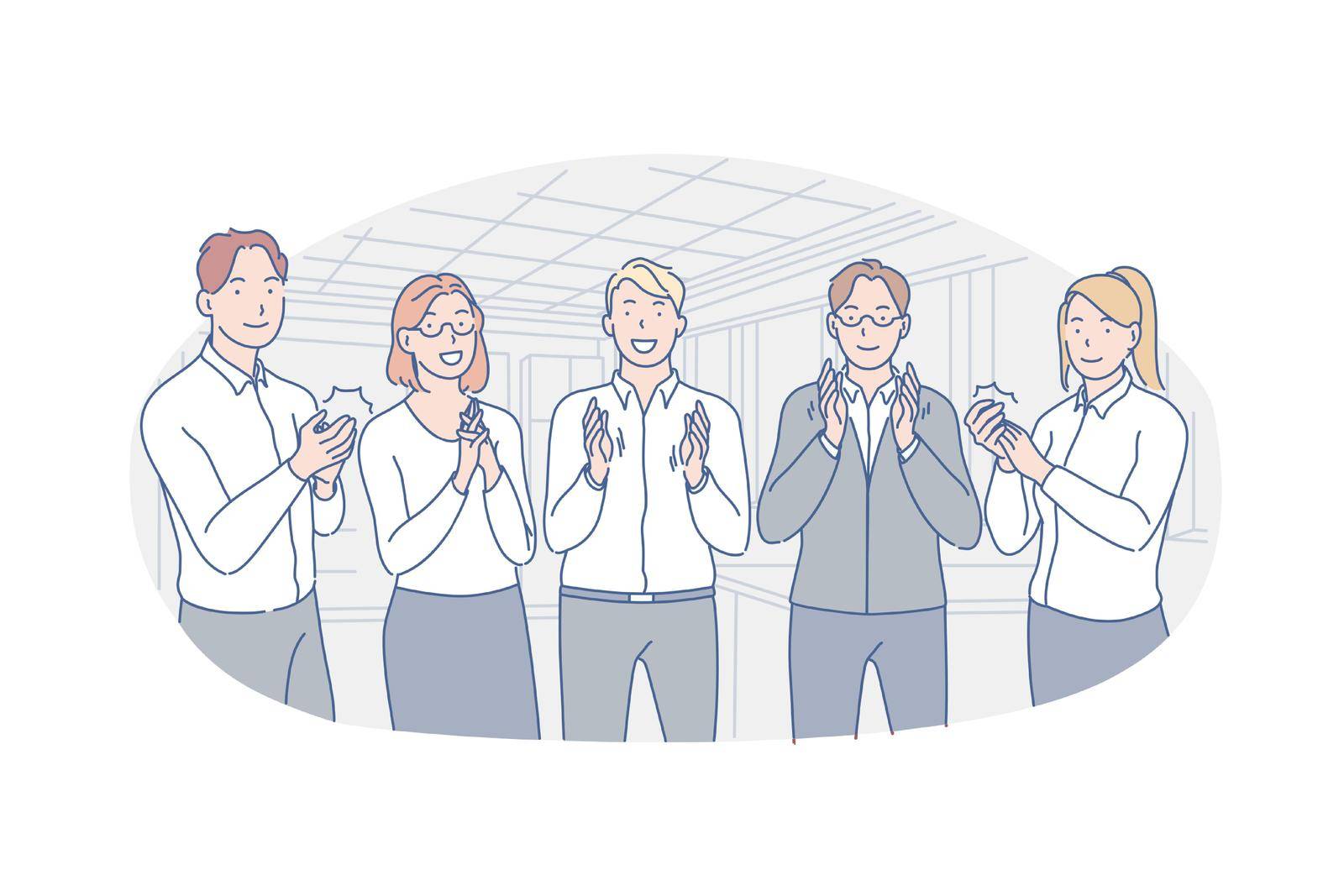 Business, team, congratulation, applause concept. Group of young happy business people applause in honor of career growth. Colleagues men and women greet new team member. Simple flat vector