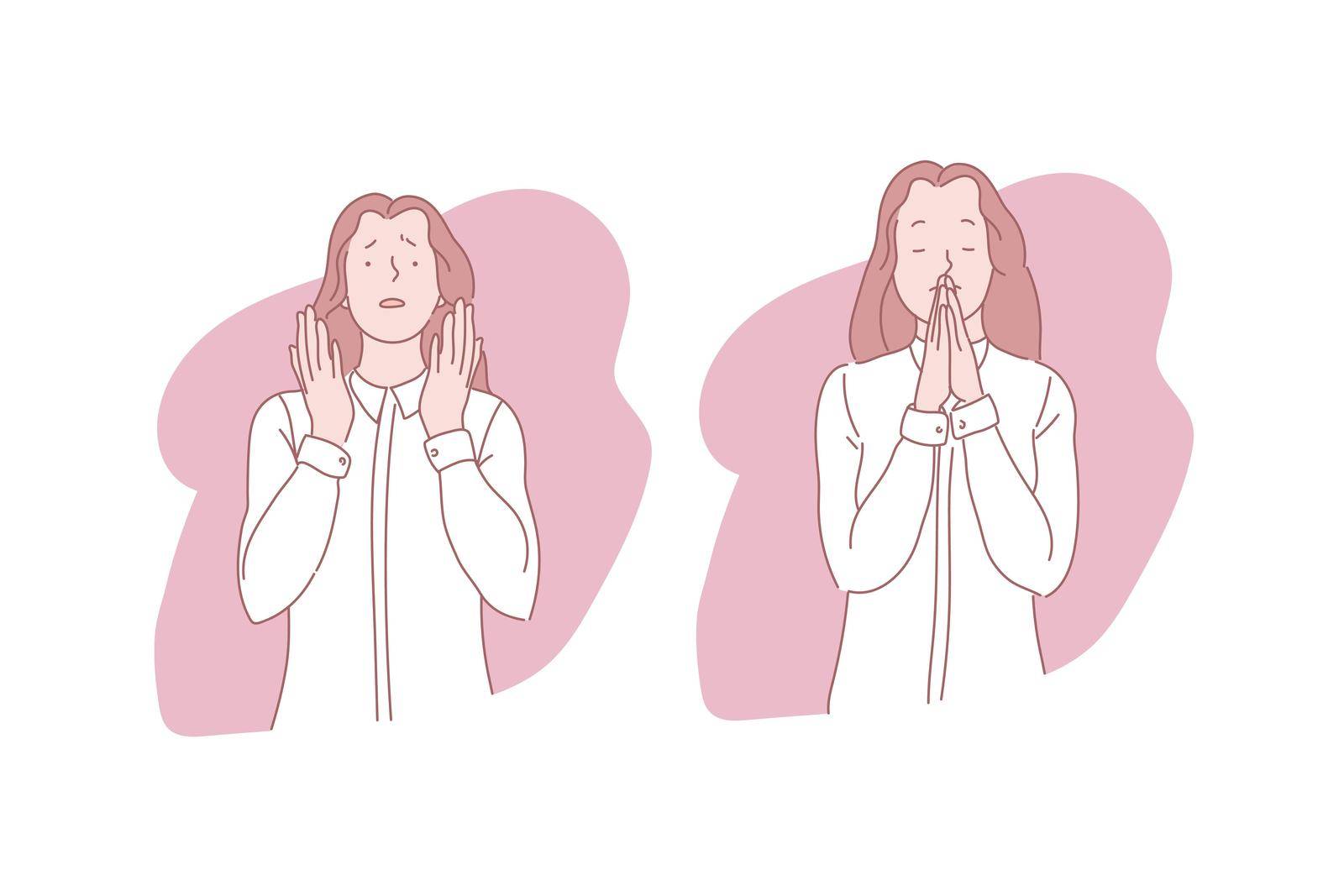 Pray, orison, verbal and silent appeal concept. Gesture, emotionality, religion, belief, hope and faith, young woman talking to god, girl folding hands for prayer. Simple flat vector