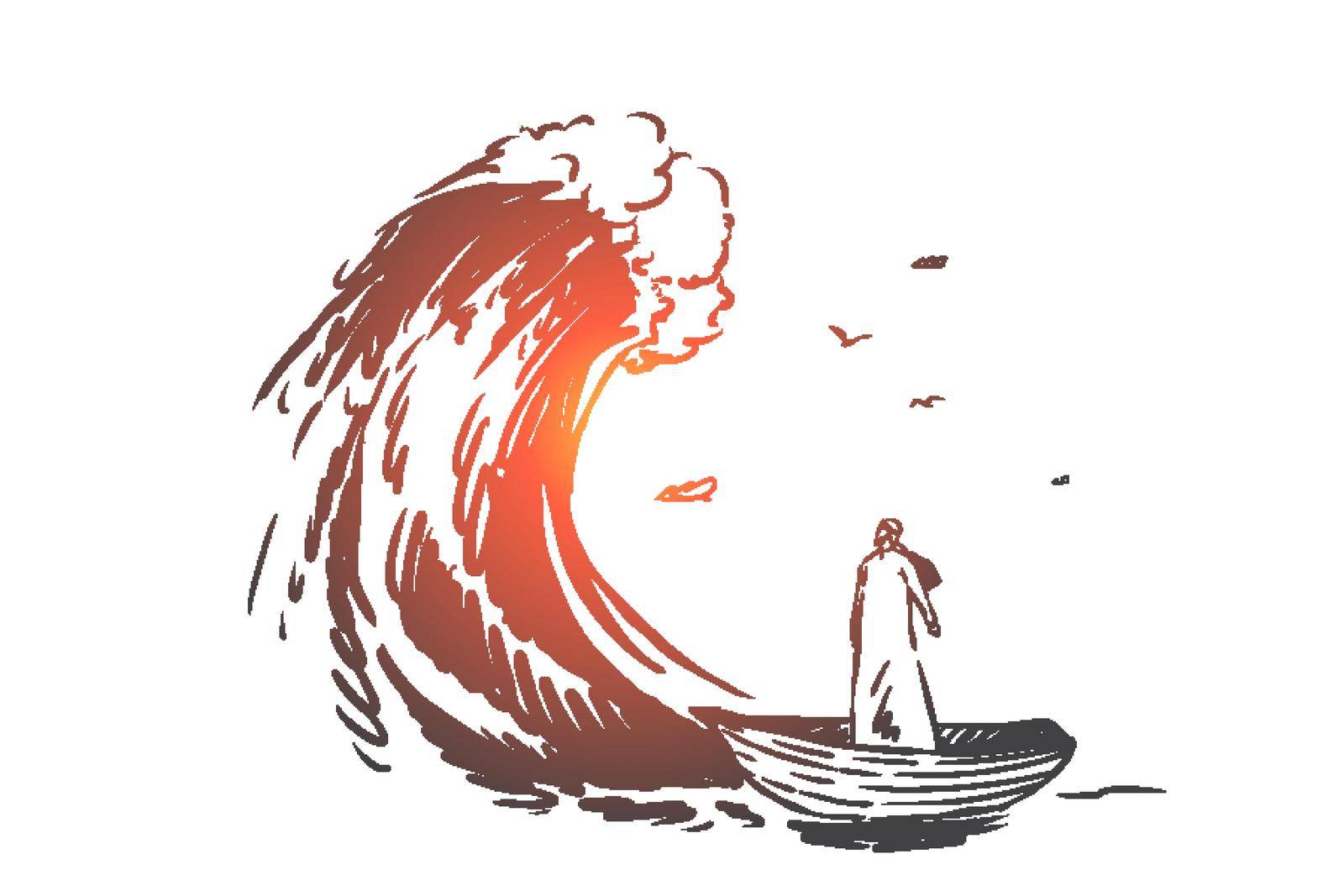 Risk, danger, crisis, bankruptcy concept sketch. Man from Saudi Arabia standing on boat and looking at huge wave ahead. Hand drawn isolated vector illustration