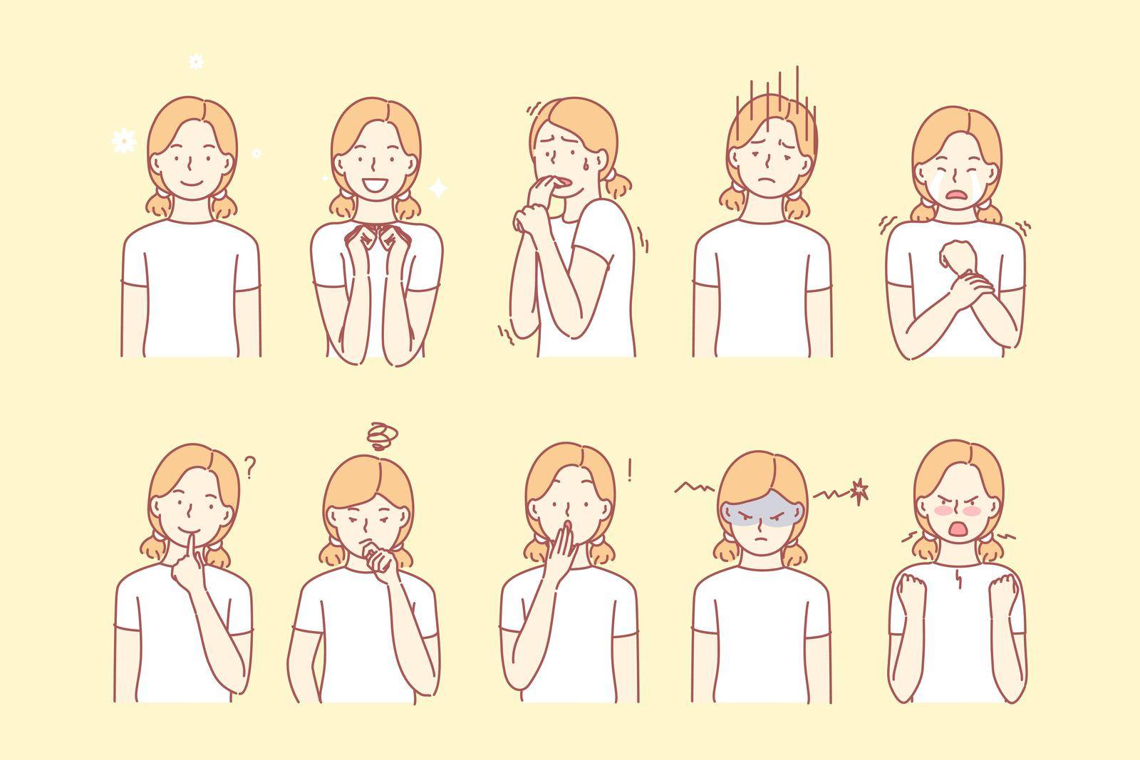 Childs emotions and facial expressions set concept. Illustration or collection showing different emotions of girl. Girl demonstrates of positive and negative facial expressions. Simple flat vector