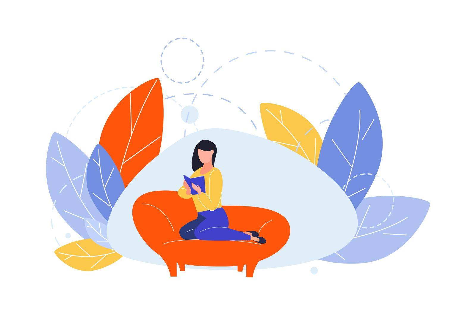 Reading, hobby, domestic education concept. Illustration of woman girl student lying at couch with book. Domestic education, learning, study process. Peoples hobby, creative lifestyle. Flat vector