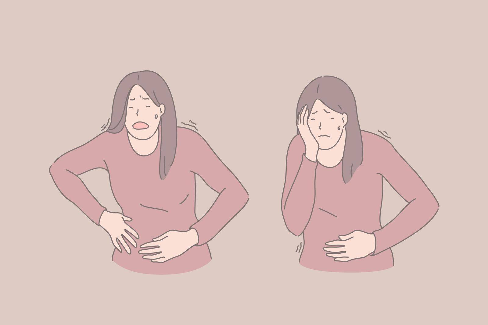 Disease symptoms, abdominal pain, stomach ache and headache, sickness concept. Young woman suffering from pain, sick female, malaise and ailment, bellyache, illness signs. Simple flat vector