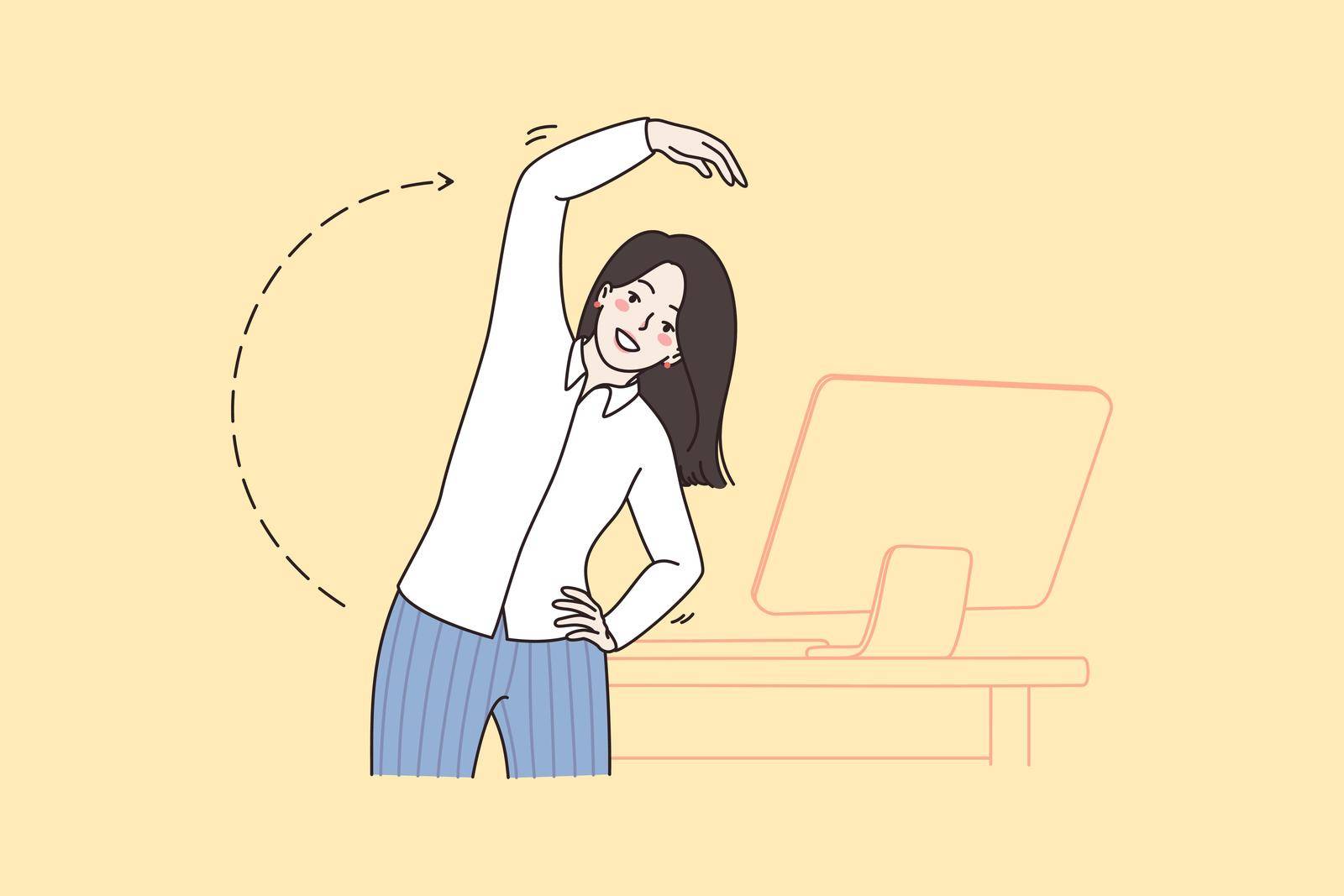 Businesswoman do gymnastics near computer at workplace. Smiling woman employee have workout in office, from muscle strain or spasm. Sedentary work, healthy lifestyle. Vector illustration.