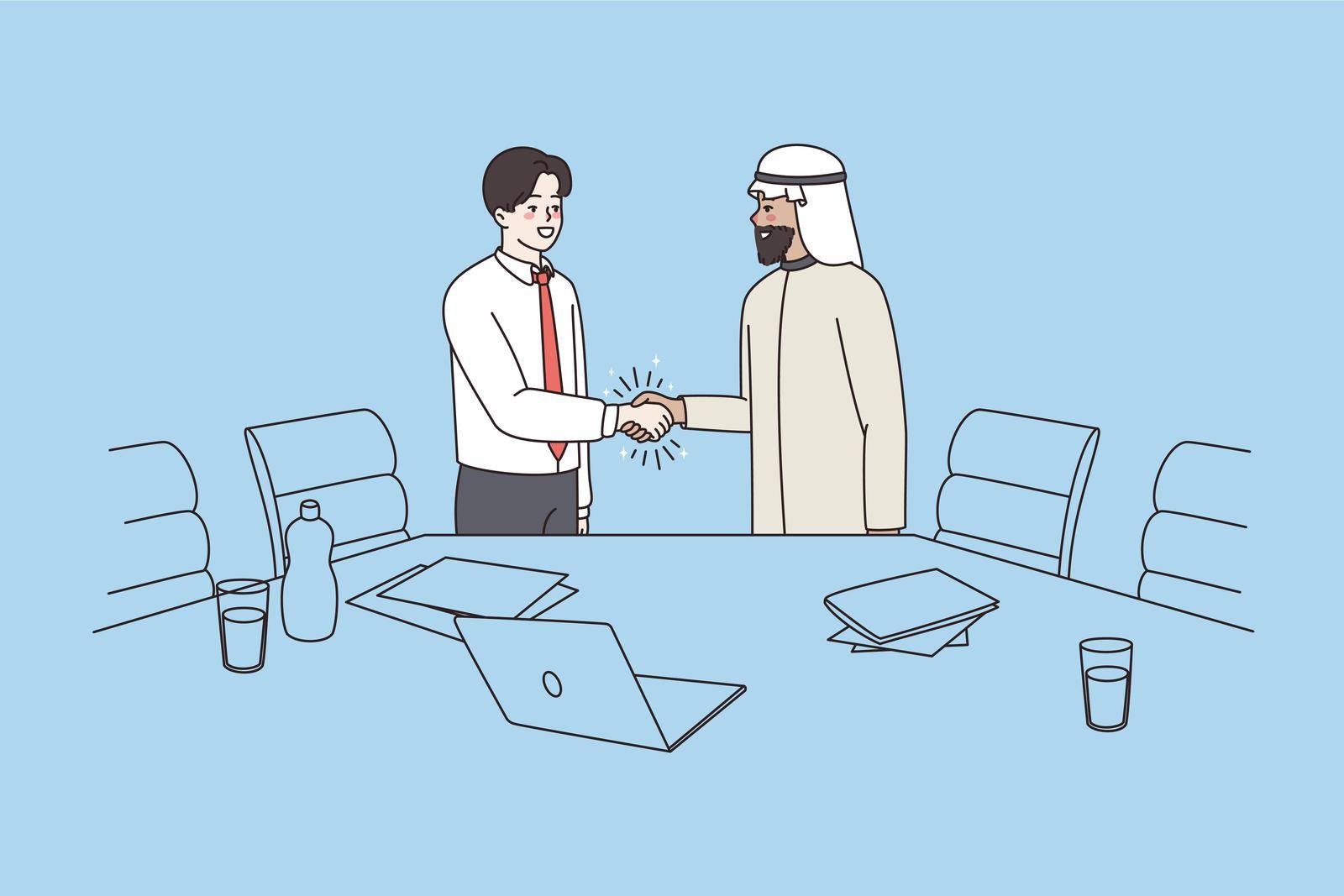 Multiracial business partners clients shake hand after successful meeting negotiation in office. Smiling multiethnic arab and Caucasian businessmen handshake close deal. Vector illustration.