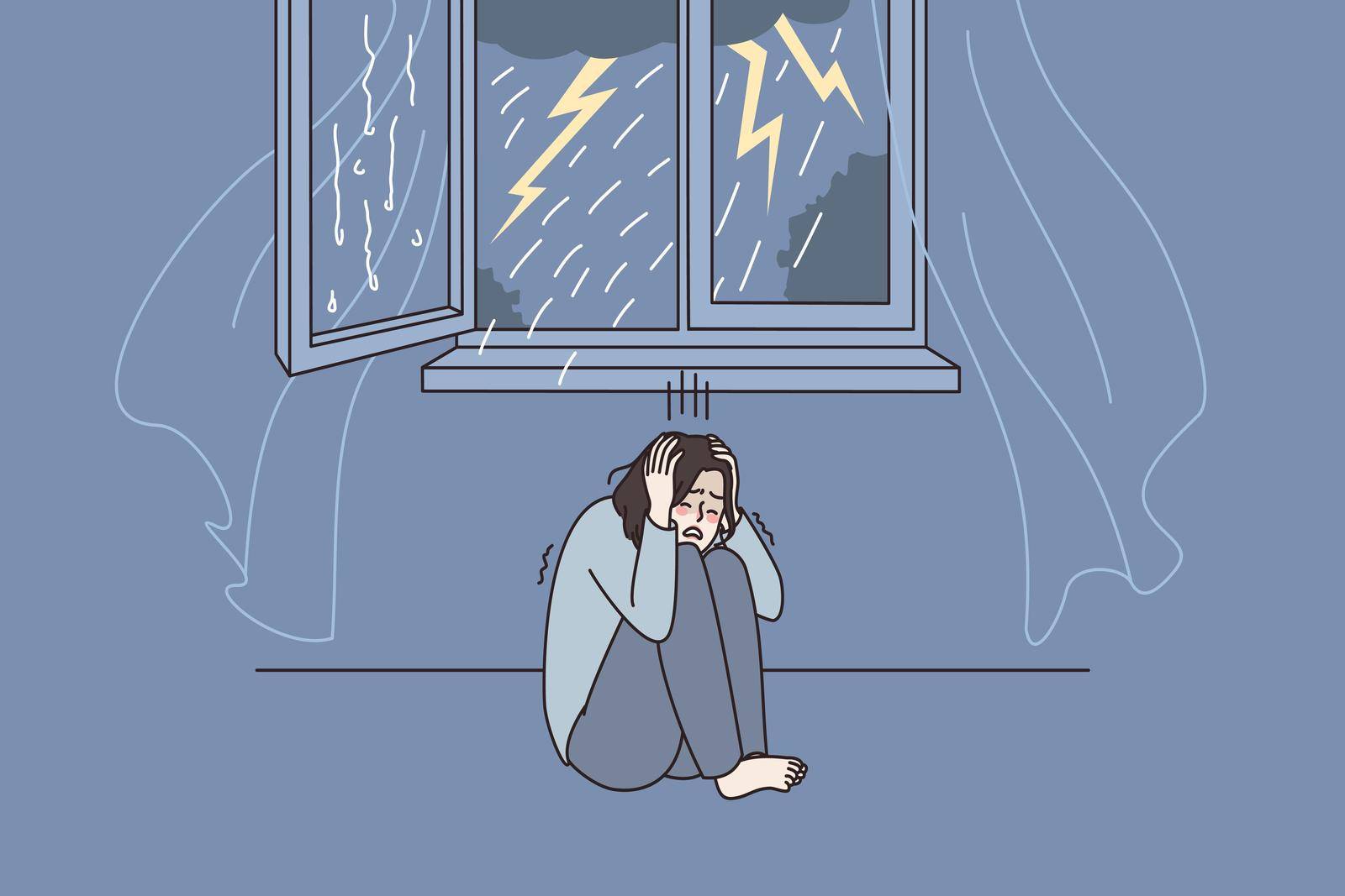 Anxious woman hide cover ears afraid scared of thunderstorm at home. Worried distressed female feel terrified frightened by thunder, have astraphobia. Anxiety, panic attack. Vector illustration.