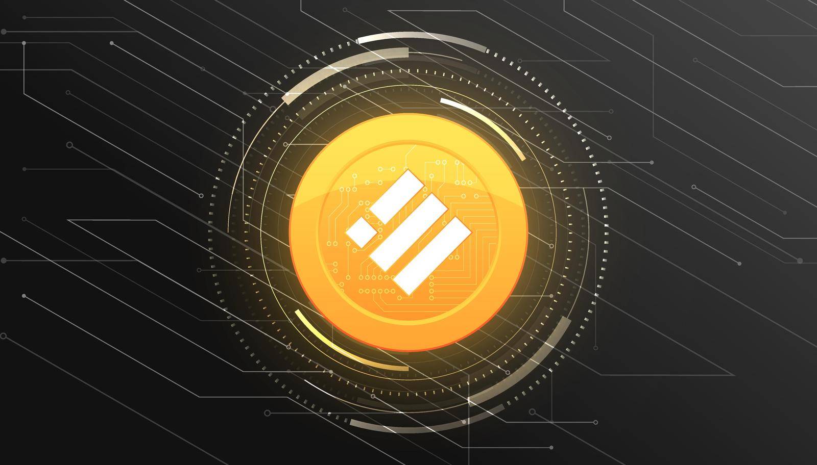 Binance USD (BUSD) crypto currency themed banner. Binance USD coin or BUSD icon on modern black color background.