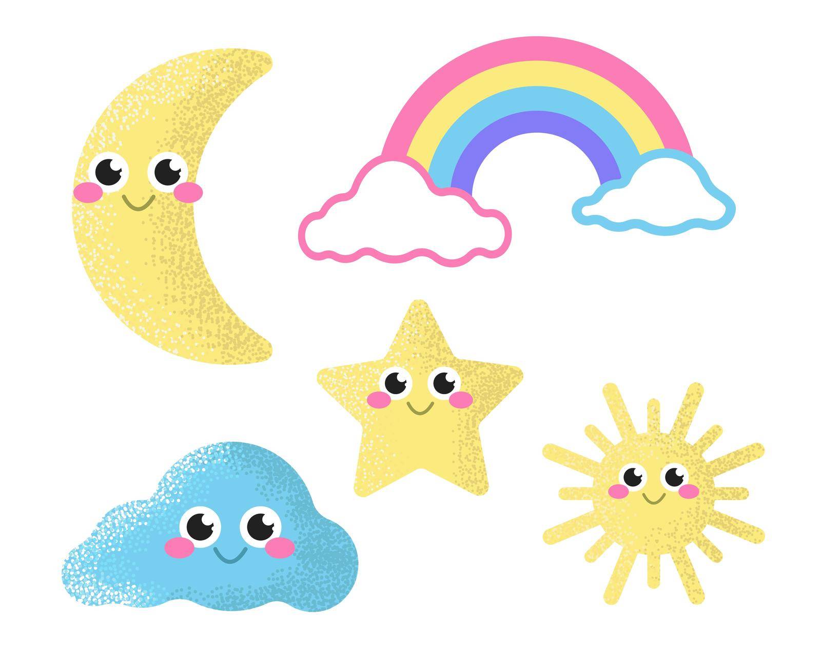 Set of cute icons star, moon, rainbow, cloud and sun. Soft pastel colors, decor for the nursery. Vector flat illustration on a white background.