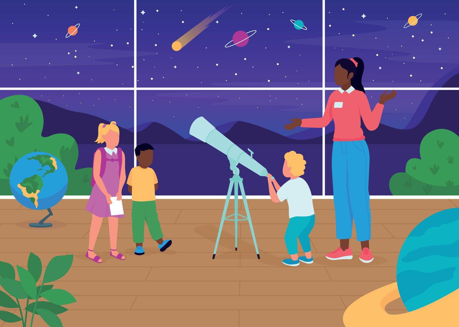 Astronomy lesson flat color vector illustration. Dive into maps and guidebooks. Teacher telling interesting information to children 2D cartoon characters with night sky with stars on background