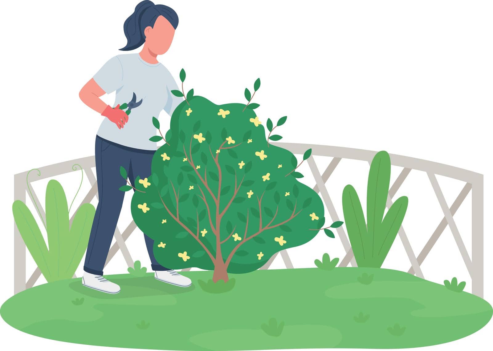 Woman trimming bush flat color vector faceless character. Garden maintenance. Girl cutting hedge. Spring seasonal work isolated cartoon illustration for web graphic design and animation