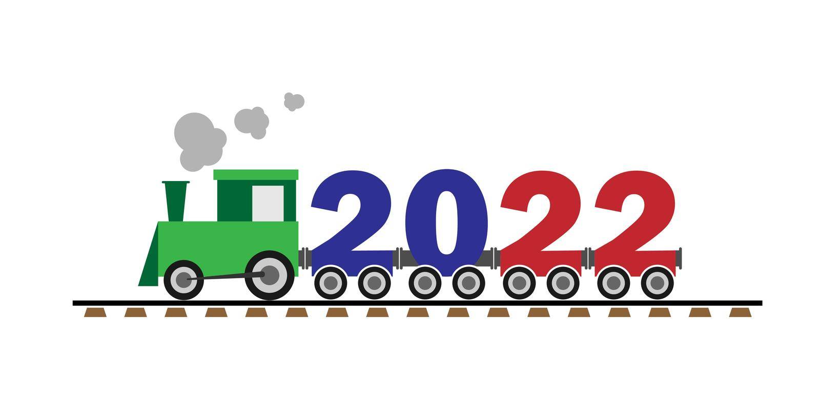 Children's train from the car in the form of numbers 2022. Merry Christmas and Happy New Year. Vector illustration.