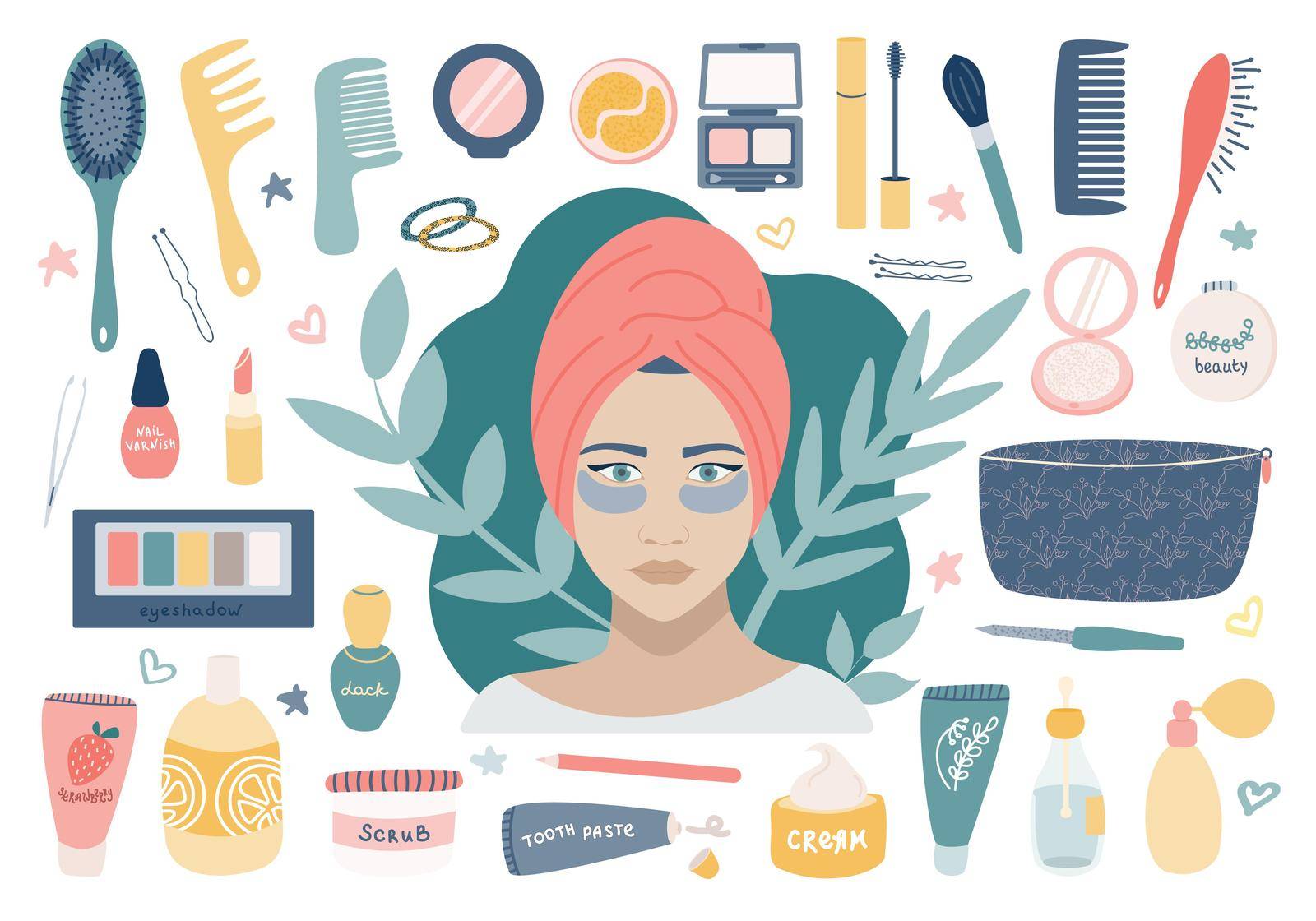 Large cosmetic set with grooming cosmetics. A girl with patches under her eyes, a makeup bag and its contents. Vector image on a white background.