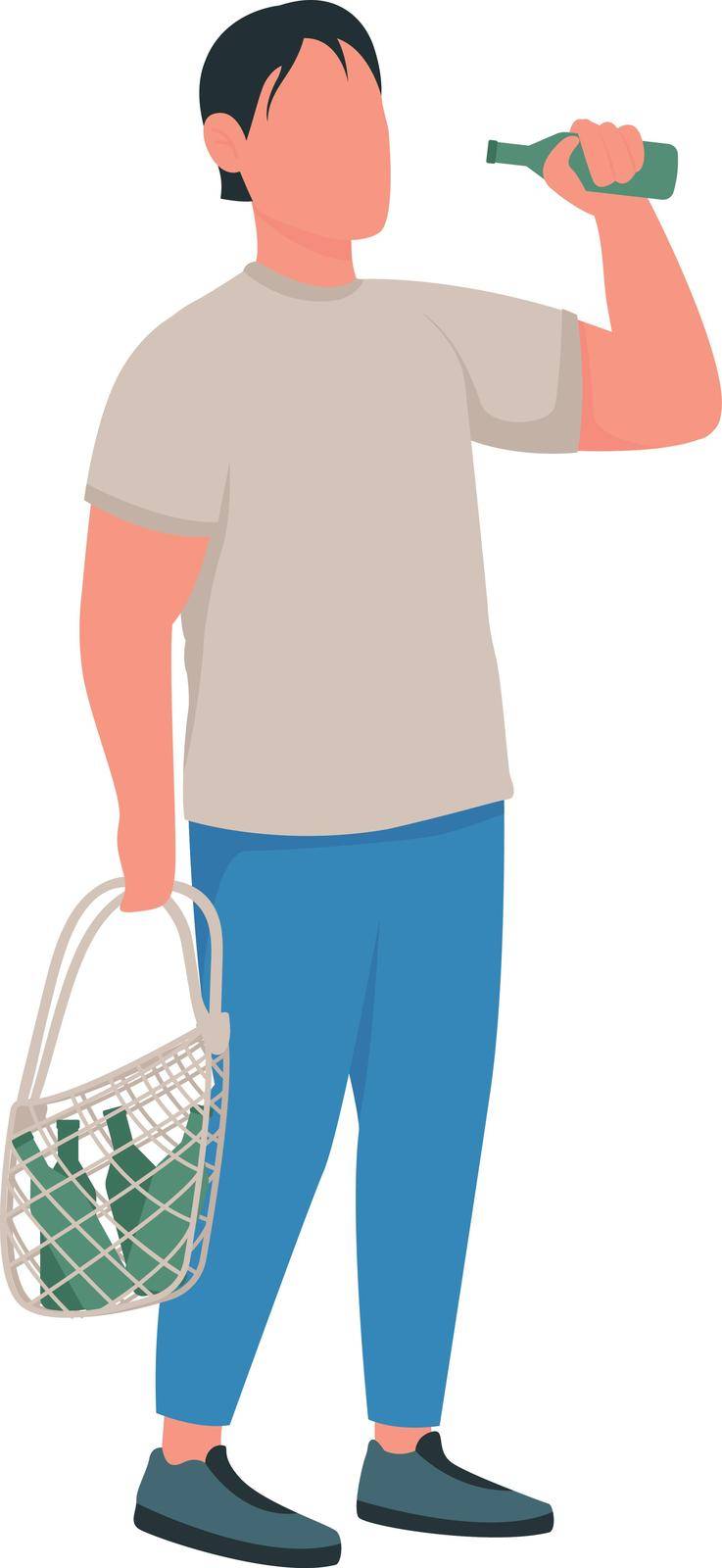 Alcoholic flat color vector faceless character. Man with bottles. Unhealthy lifestyle. Bad habit. Substance abuse. Alcoholism isolated cartoon illustration for web graphic design and animation