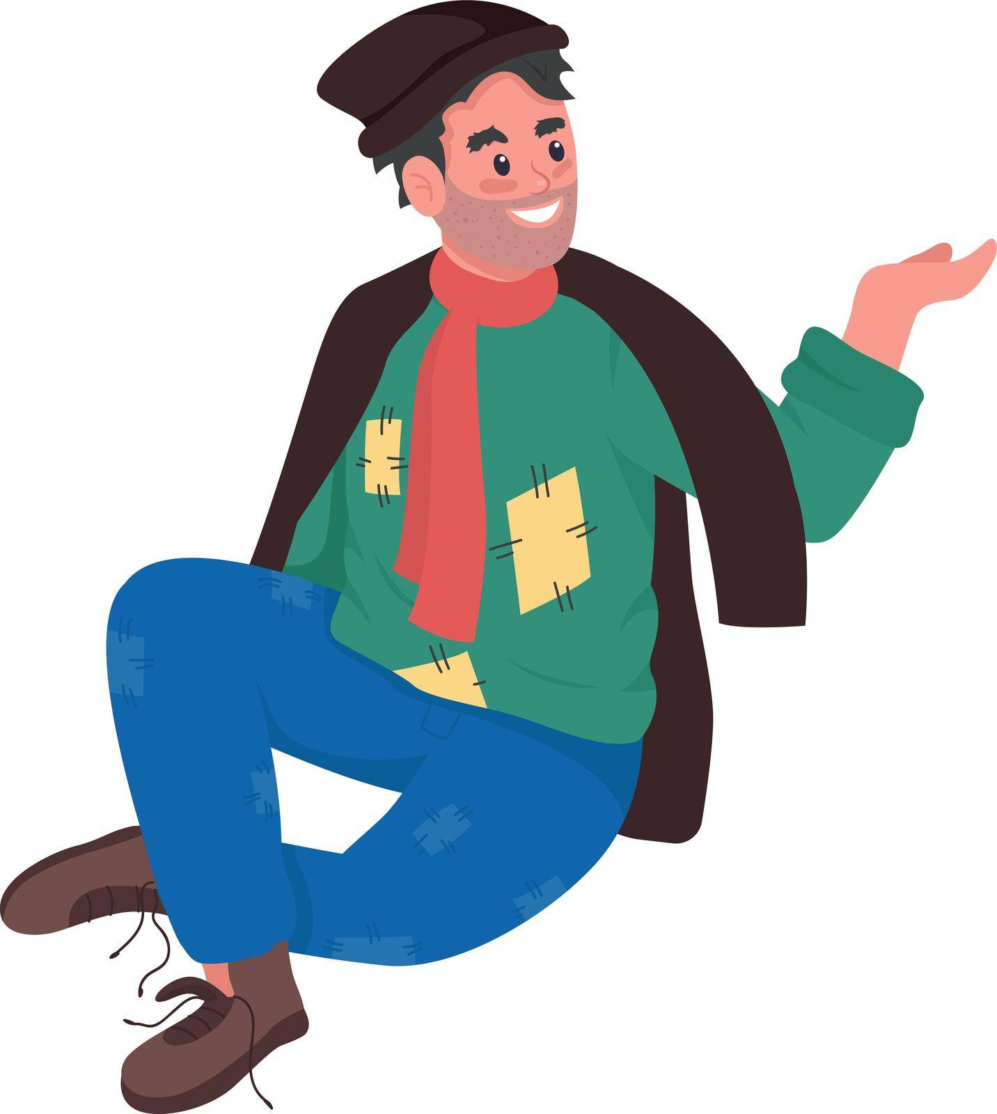 Happy homeless man flat color vector detailed character by ntl